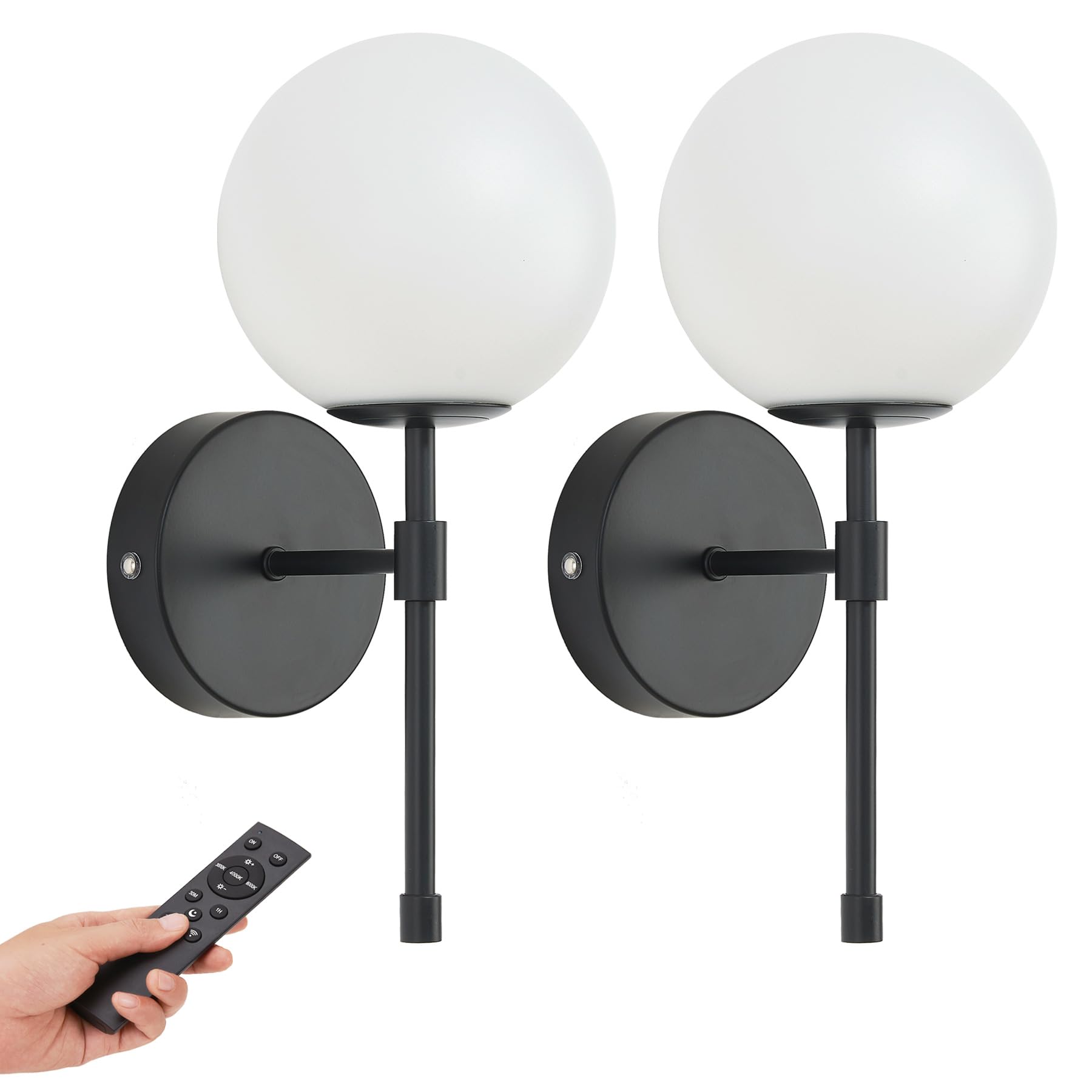 MSTETO Battery Operated Globe Wall Sconces Set of 2, Black, Remote Control, Rechargeable, Modern Wall Decor, Model MTIW-108B