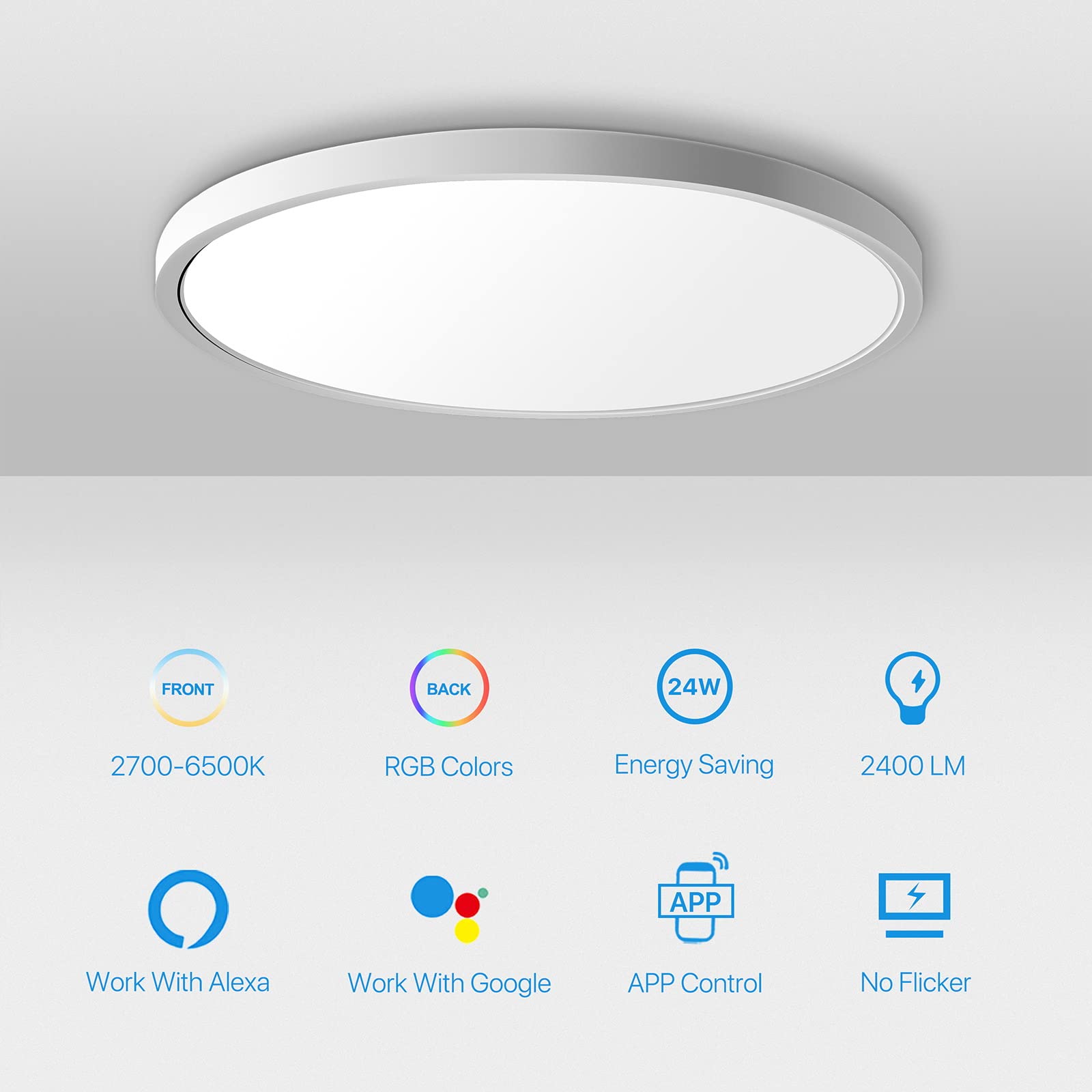 MELEGAN 12 Inch Smart LED Ceiling Light Fixture, Dimmable 24W, RGB, WiFi Compatible with Alexa/Google Home, Plastic, for Bedroom/Living Room