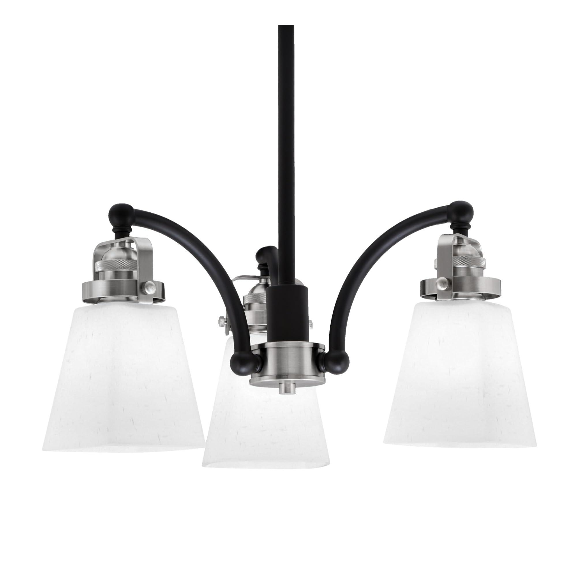 Easton Downlight, 3 Light, Chandelier Shown In Matte Black & Brushed Nickel Finish With 4.5&quot; Square White Muslin Glass