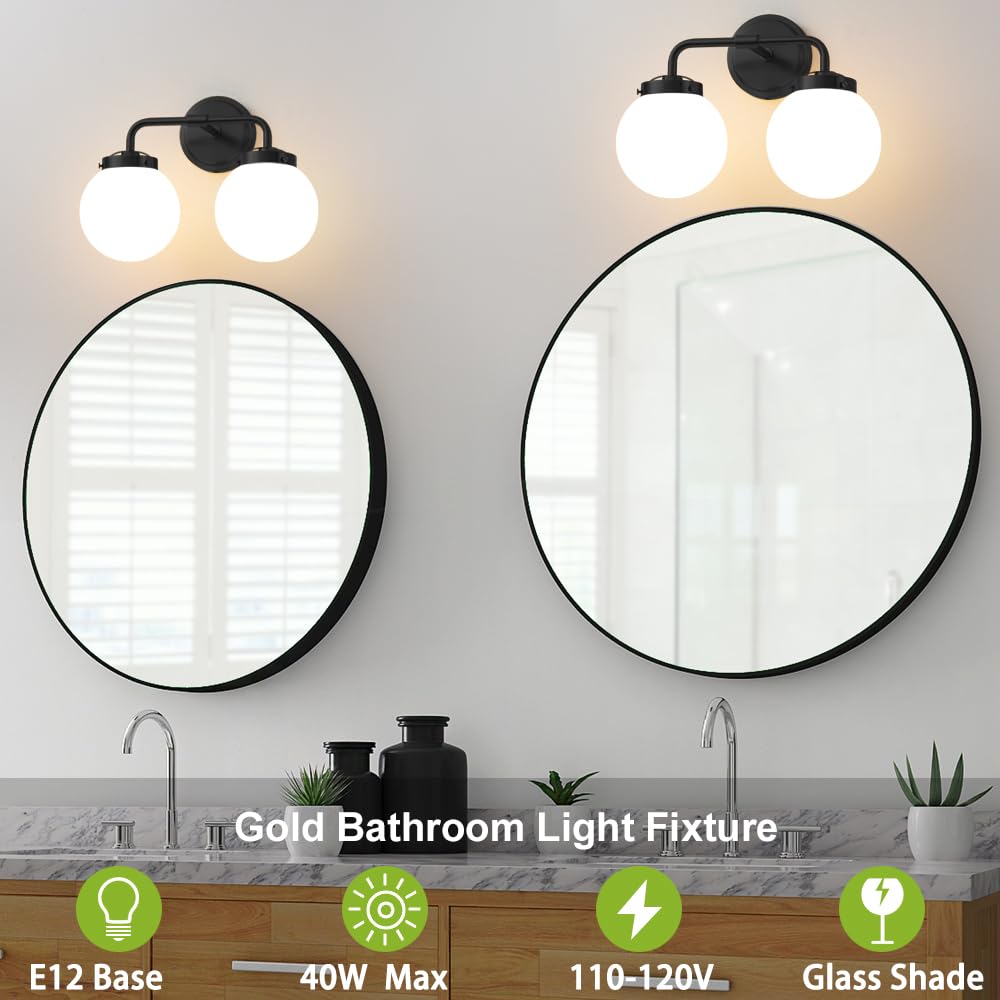 Deyidn Black Bathroom Light Fixtures Over Mirror, Modern Vanity Lighting With Milk White Glass Globe Shades 2-Light Farmhouse Wa