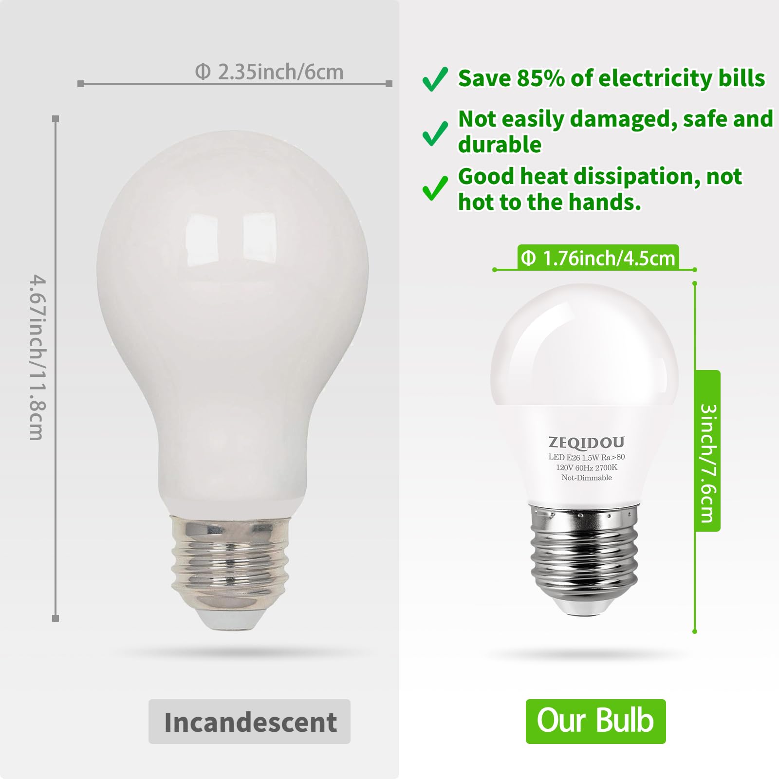 ZEQIDOU 1.5W LED Light Bulbs, 15W Equivalent A15 Soft White 2700K, E26 Base, 4 Pack