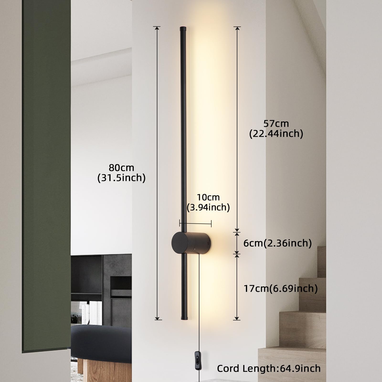 KELUOLY Dimmable Wall Sconce Set of 2, 31.5in LED Light, Black, Adjustable Brightness, Acrylic, Model RYDCT-HS80