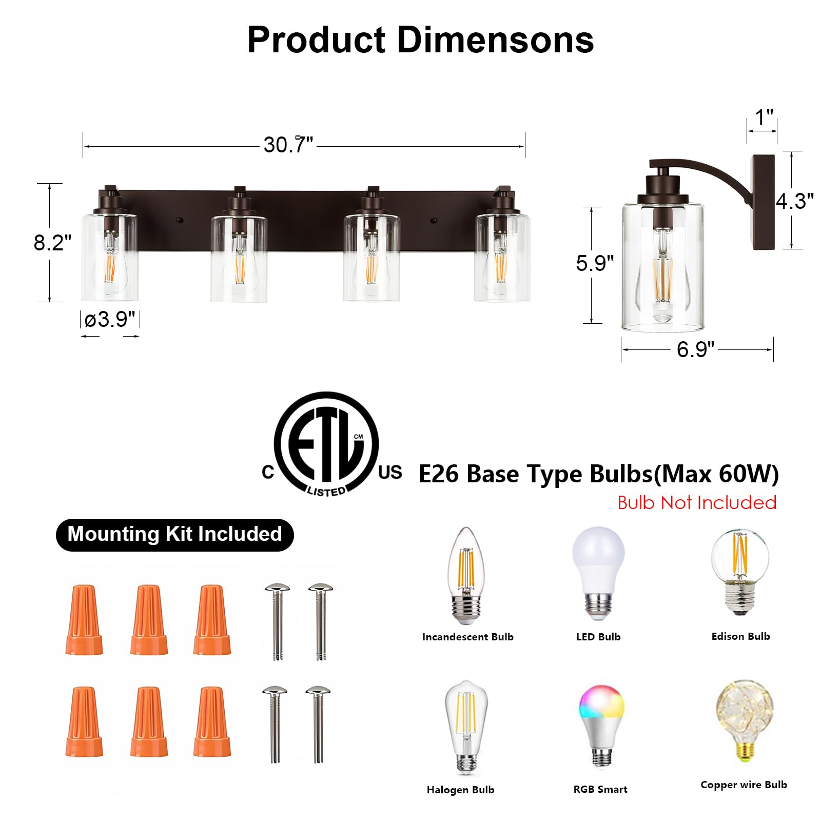 Alaislyc 4-Light Bathroom Light Fixtures Modern Orb Vanity Lights For Bathroom Lighting Fixtures Over Mirror With Clear Glass Shade For Cabinet Mirror Bedroom Hallway