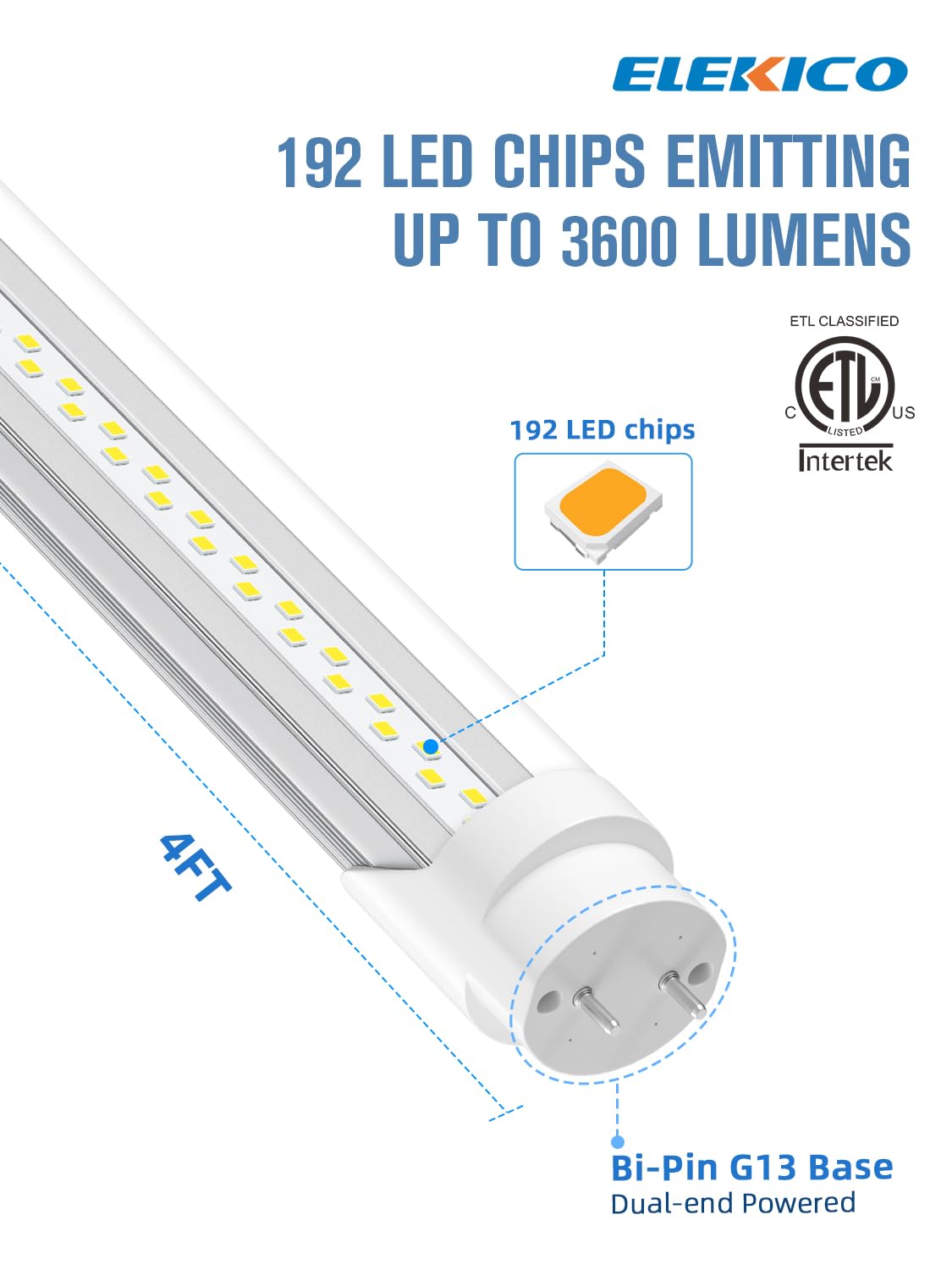 ELEKICO 20-Pack T8 LED Bulbs, 4' 24W 3600LM Daylight 6500K, Dual-End Powered, G13 Base, Aluminum, White