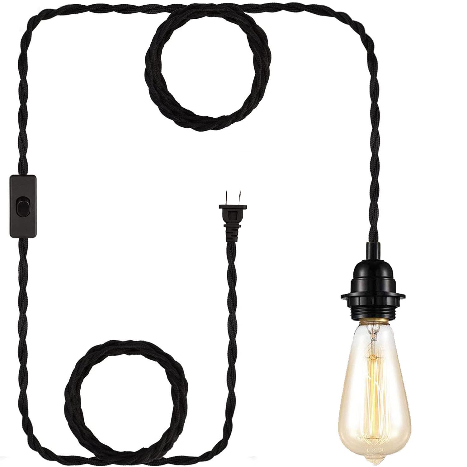 YIKEGE LICHT DIY Black Pendant Light Cord - Industrial E26 Socket, Twisted Hemp Rope, 15ft Length, Vintage Ceiling Light Fixture