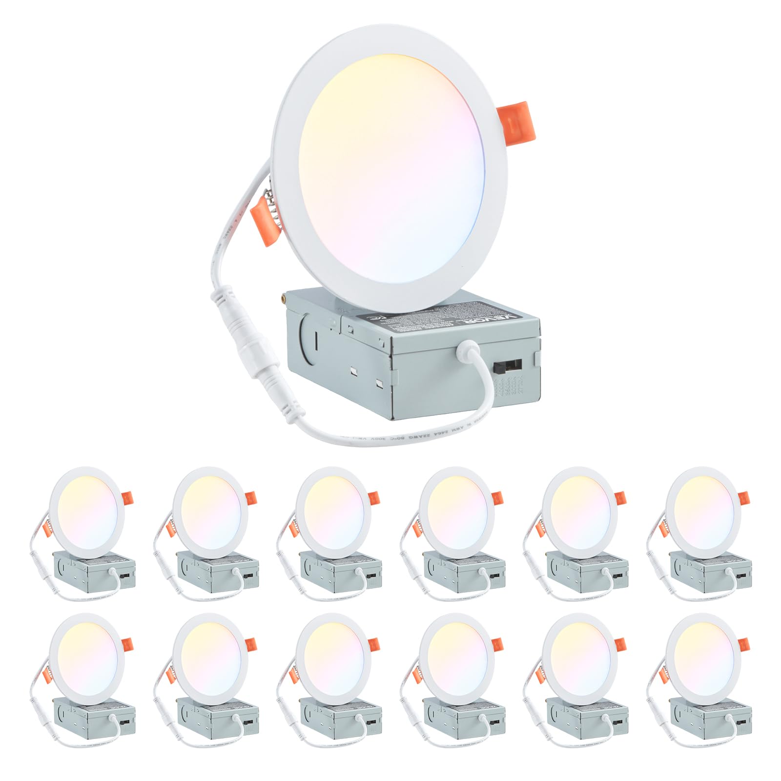 VEVOR 12 Pack 6 Inch LED Recessed Ceiling Light, 5CCT, Canless Wafer Downlight with Junction Box, 2700K/3000K/3500K/4000K/5000K