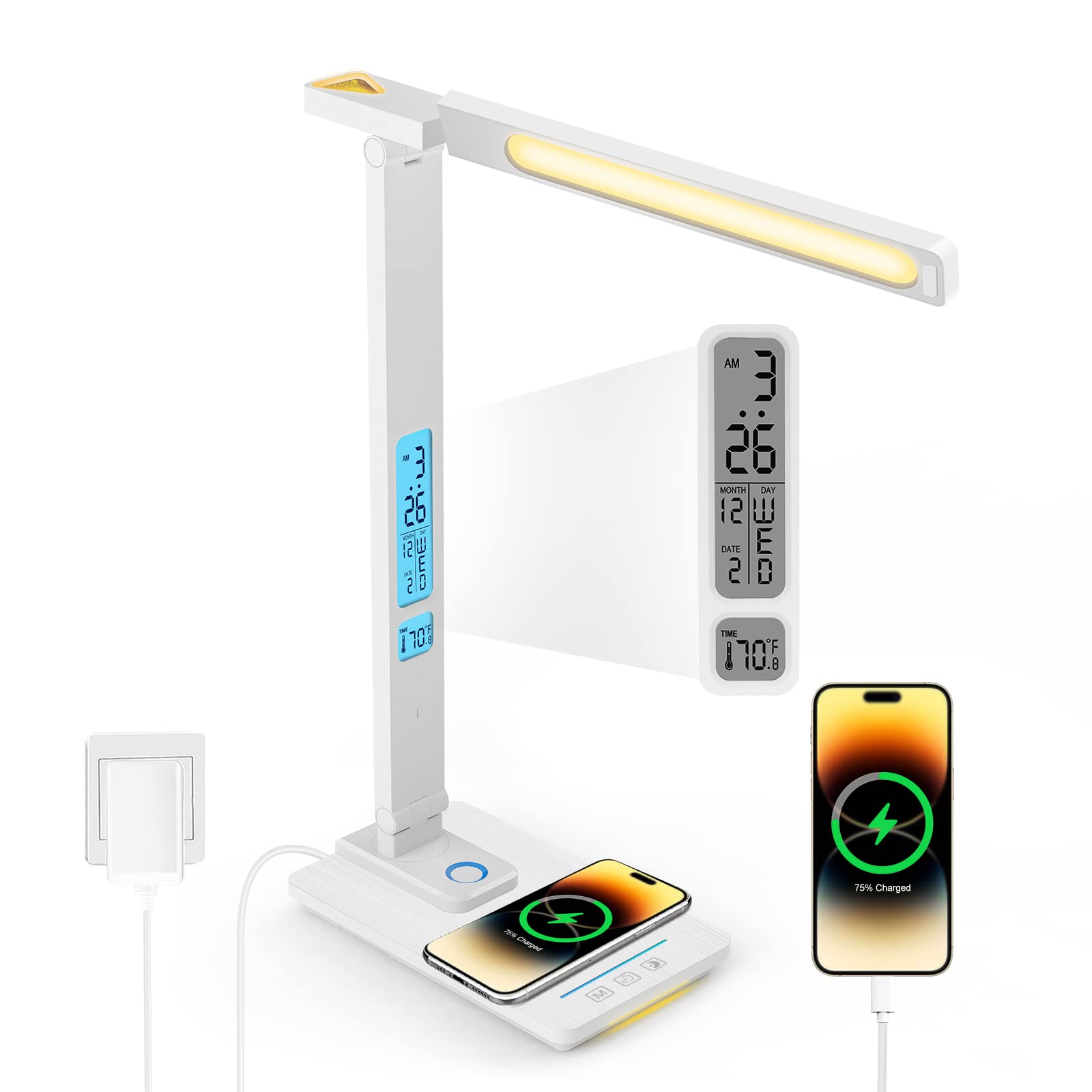 LED Desk Lamp with Wireless Charger: Desk Lamps for Home Office Bedroom, 5 Color Modes & Brightness Dimmable, 2 Night Light