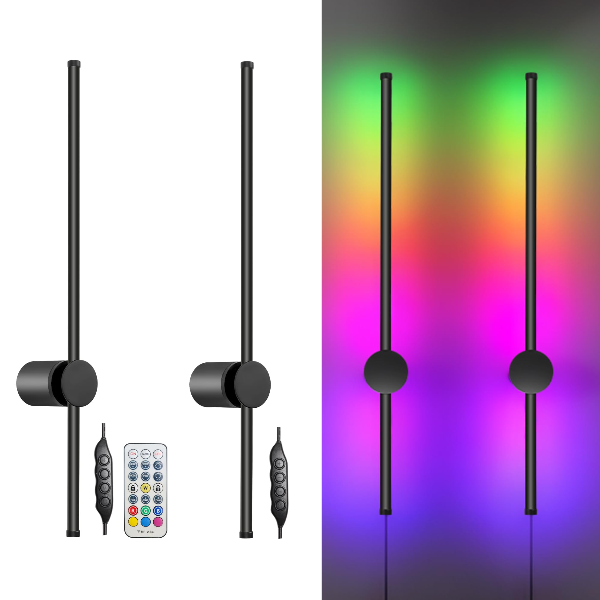 GOODATE RGB LED Wall Sconces Set of 2, 15 Color Modes, Dimming, 23.6 Inches, Black, Model CDG-2PACK, Aluminum Alloy+Silica