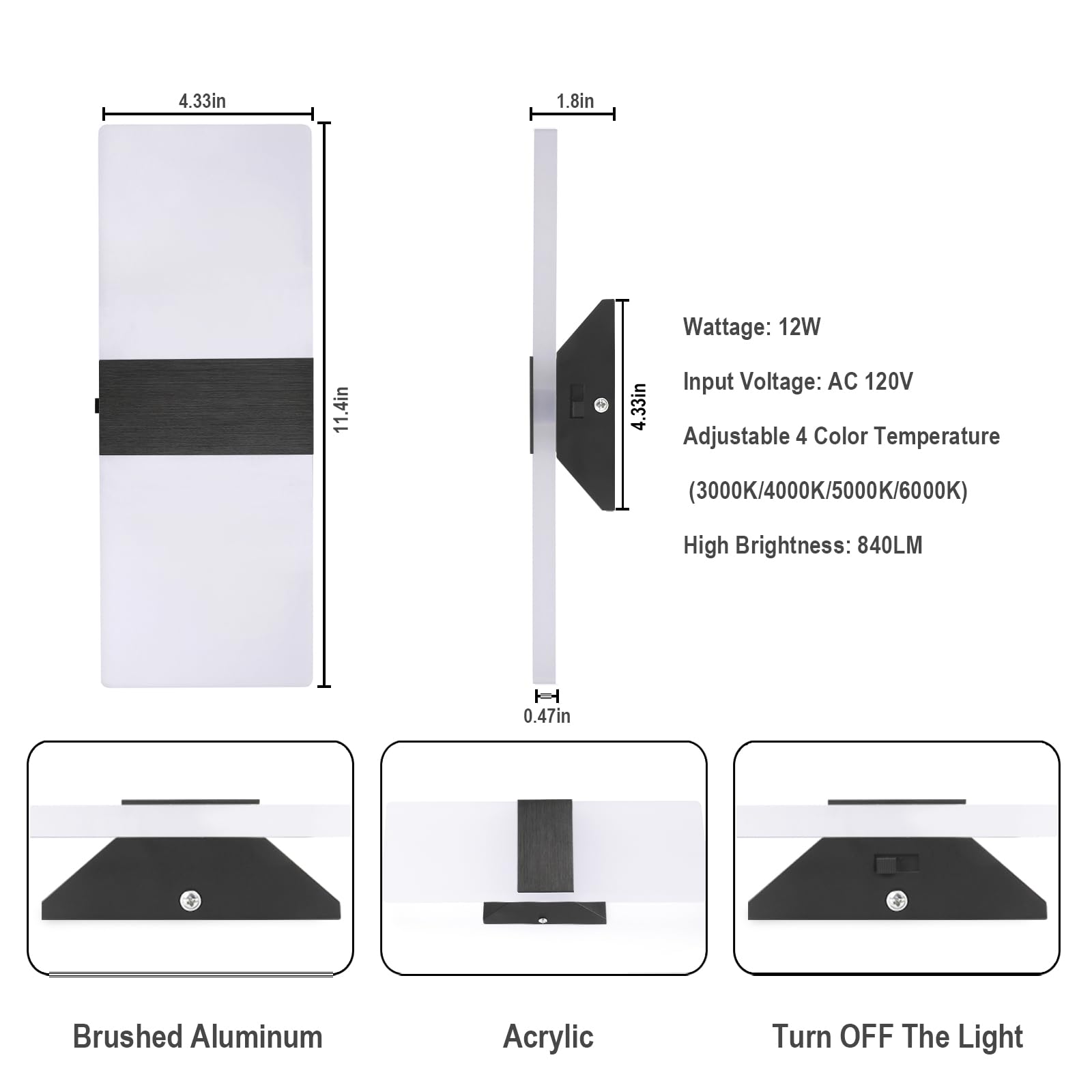 TRLIFE Dimmable LED Wall Sconces, 12W Modern Wall Lights Set of 2, Black Brushed Aluminum, 4 Color Temperature, Model YKL-MCT-Bla