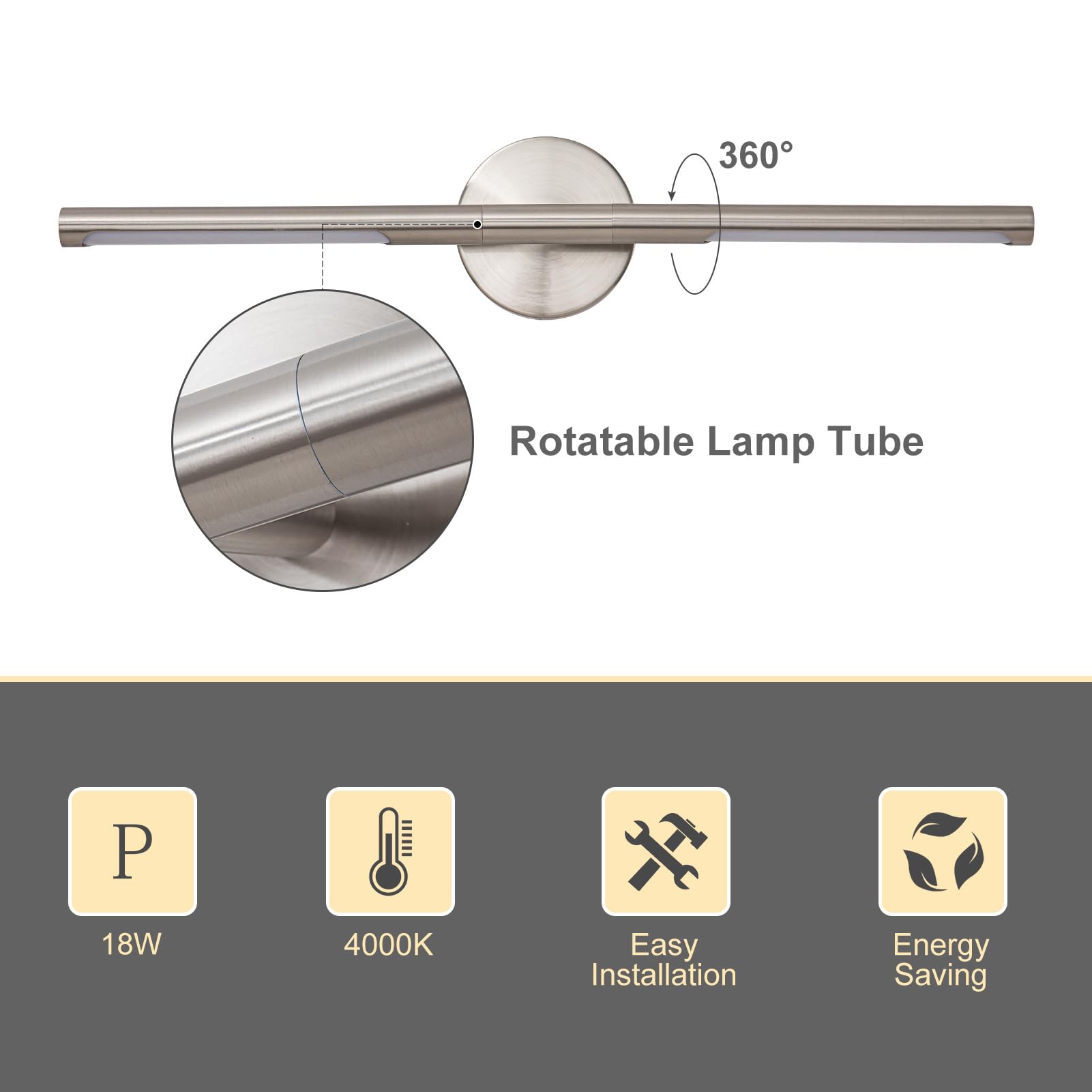 LINSEEDS 24 Inch LED Bathroom Light Bar, 18W Dimmable, 4000K, Nickel, Modern Vanity Fixture, Model RD-7516-2-NK