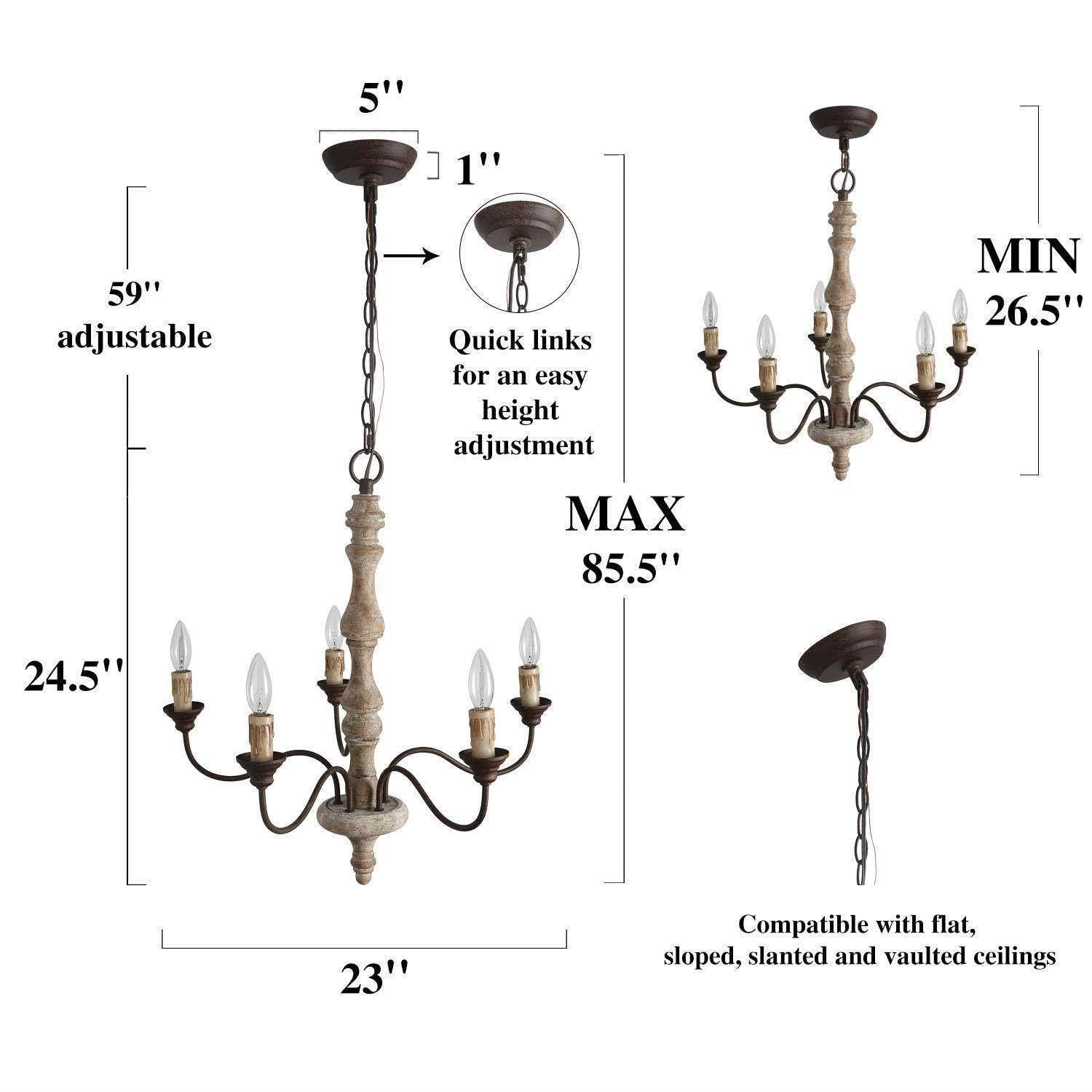 Gepow Farmhouse Chandelier, 5-Light French Country Chandelier, Rustic Distressed Wood Chandeliers Light Fixture For Dining Room,