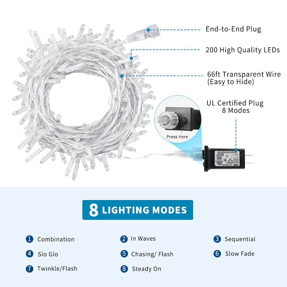 Vtechology 66Ft 200Led Blue Waterproof Christmas Lights, 8 Modes For Indoor & Outdoor Decor