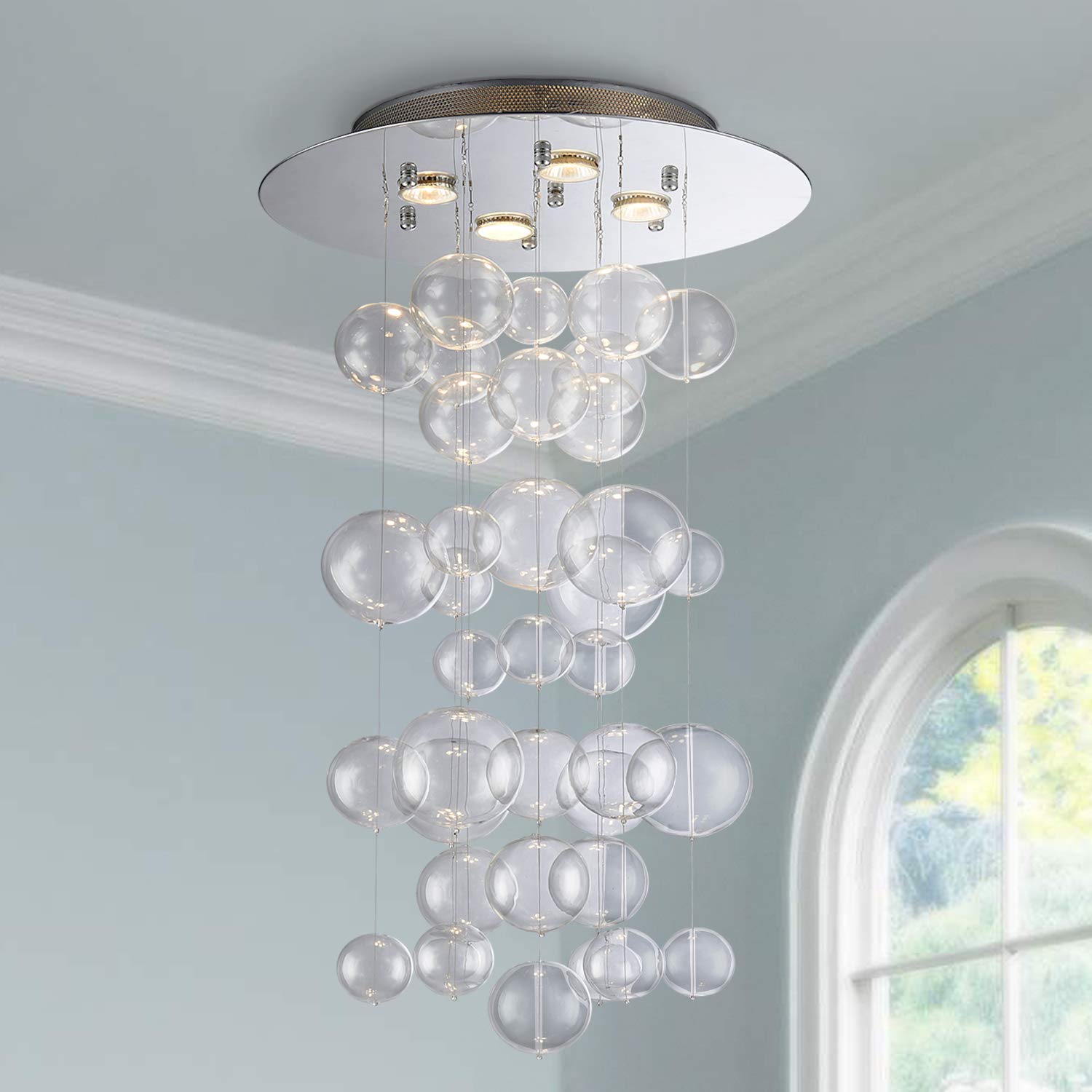 SM Saint Mossi Modern Glass Bubble Chandelier, 4-Light Raindrop Flush Mount, Clear Glass with Chrome Canopy, H31 x D20