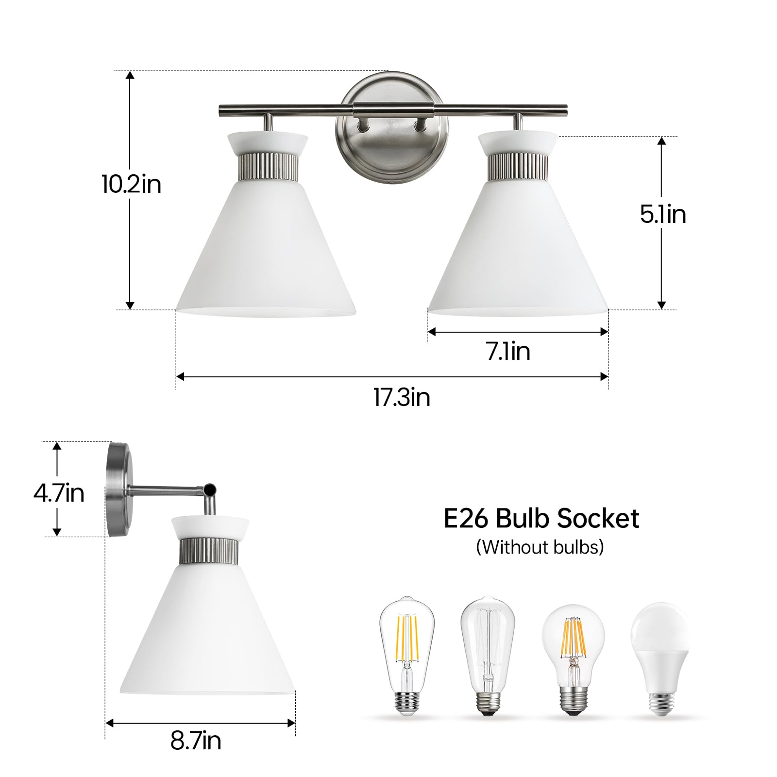 WOSHITU 2-Light Bathroom Vanity Light - Brushed Nickel with Milky White Glass Shade, Mid Century Style, Model 8090ML-02SN-US