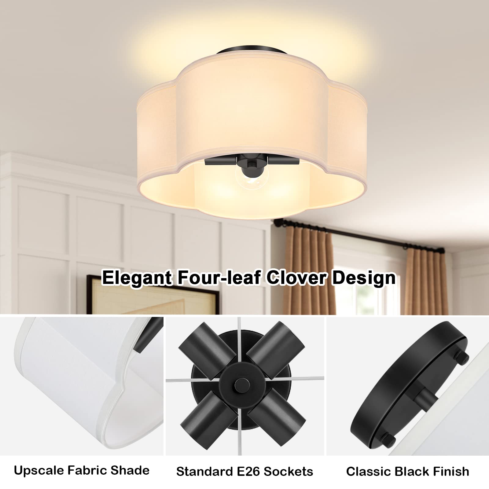 4-Light Semi Flush Mount Ceiling Light Fixture, Black Modern Close To Ceiling Lamp With White Fabric Shade, Farmhouse Bright Lig