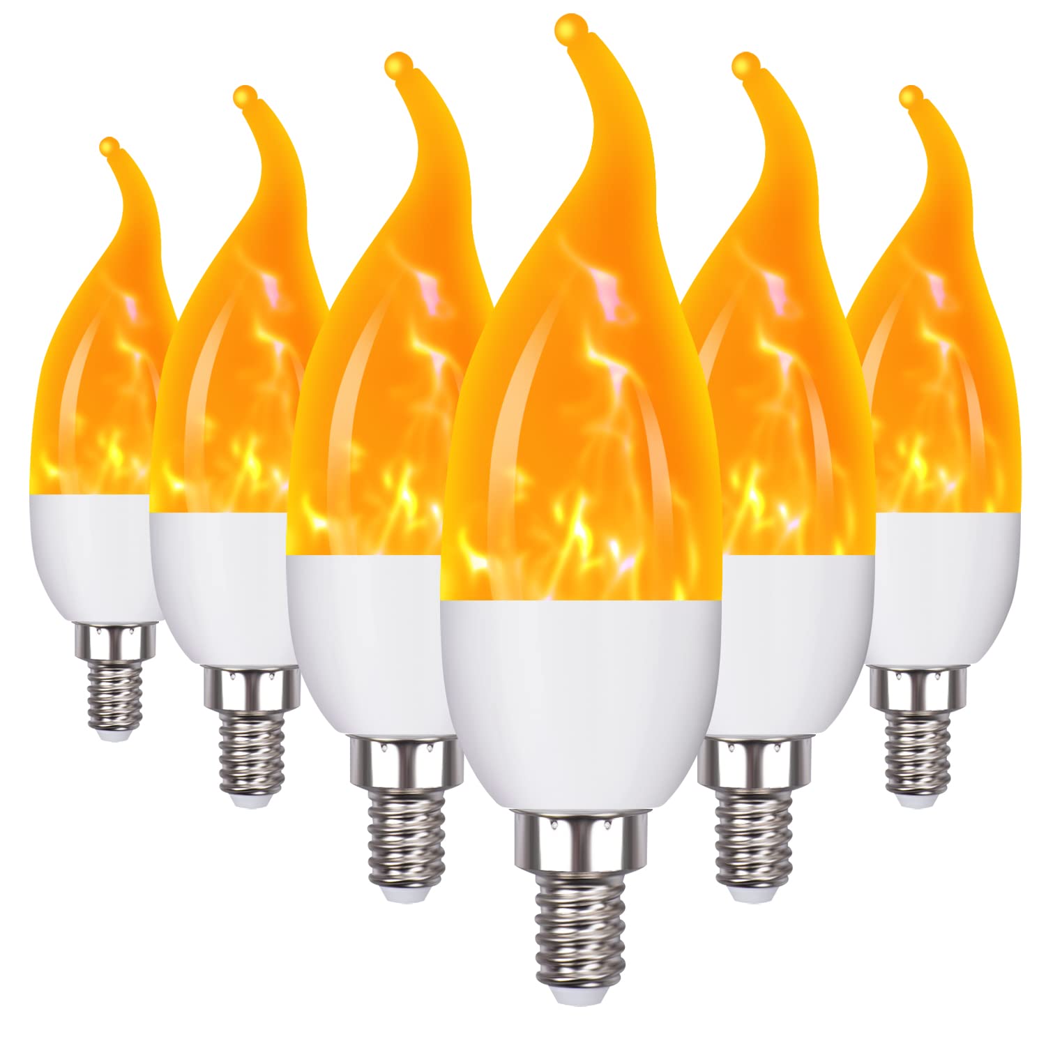 Ohlgt E12 6 Pack 3 Mode Led Candelabra Flame Light Bulbs 2.0W Warm White 1800K Candle Light Bulbs, Flame Tip For Christmas Party