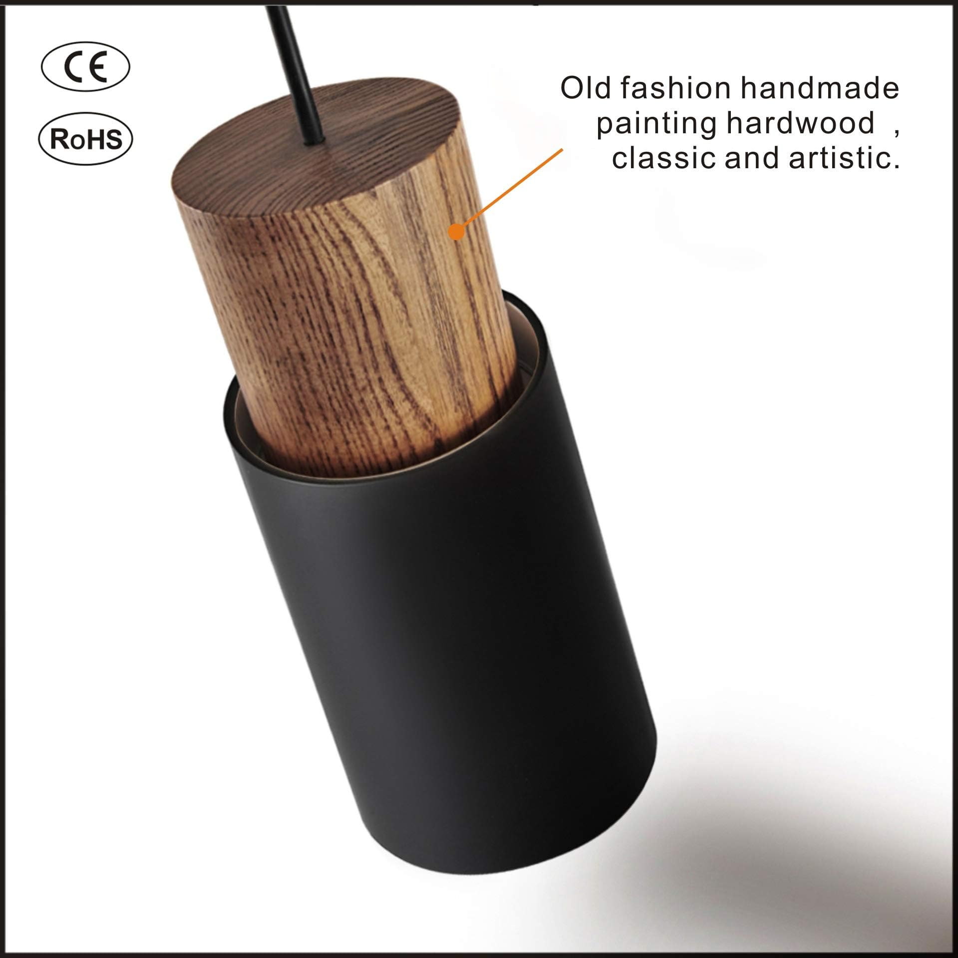 DUHU Black and Wood Pendant Light - Modern Industrial Hanging Lamp, E26 for Kitchen Island, Dining Table, Adjustable Height