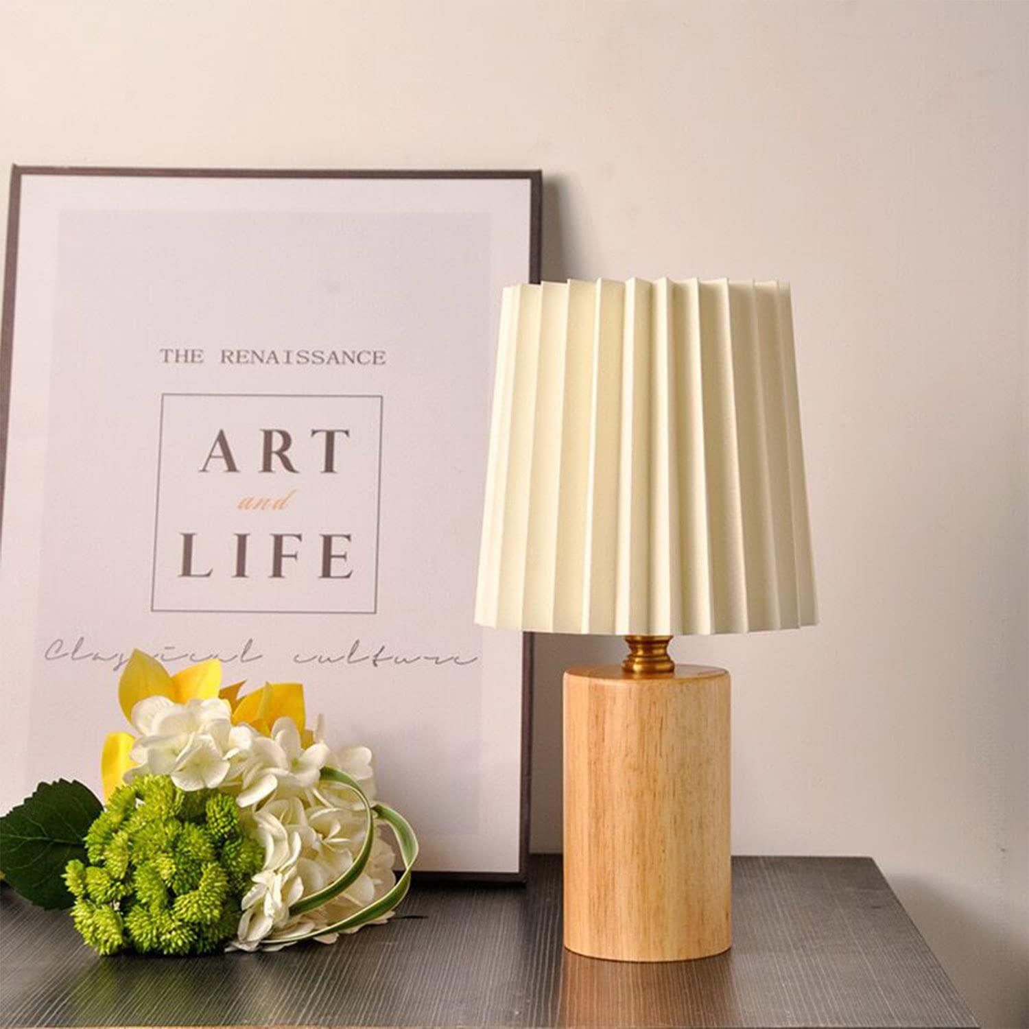 AFORTLO Pleated Table Lamp, Small Boho Decorative Nursery Nightstand Night Light Solid Wood Base Pleated Shade Desk Lamp for Bed