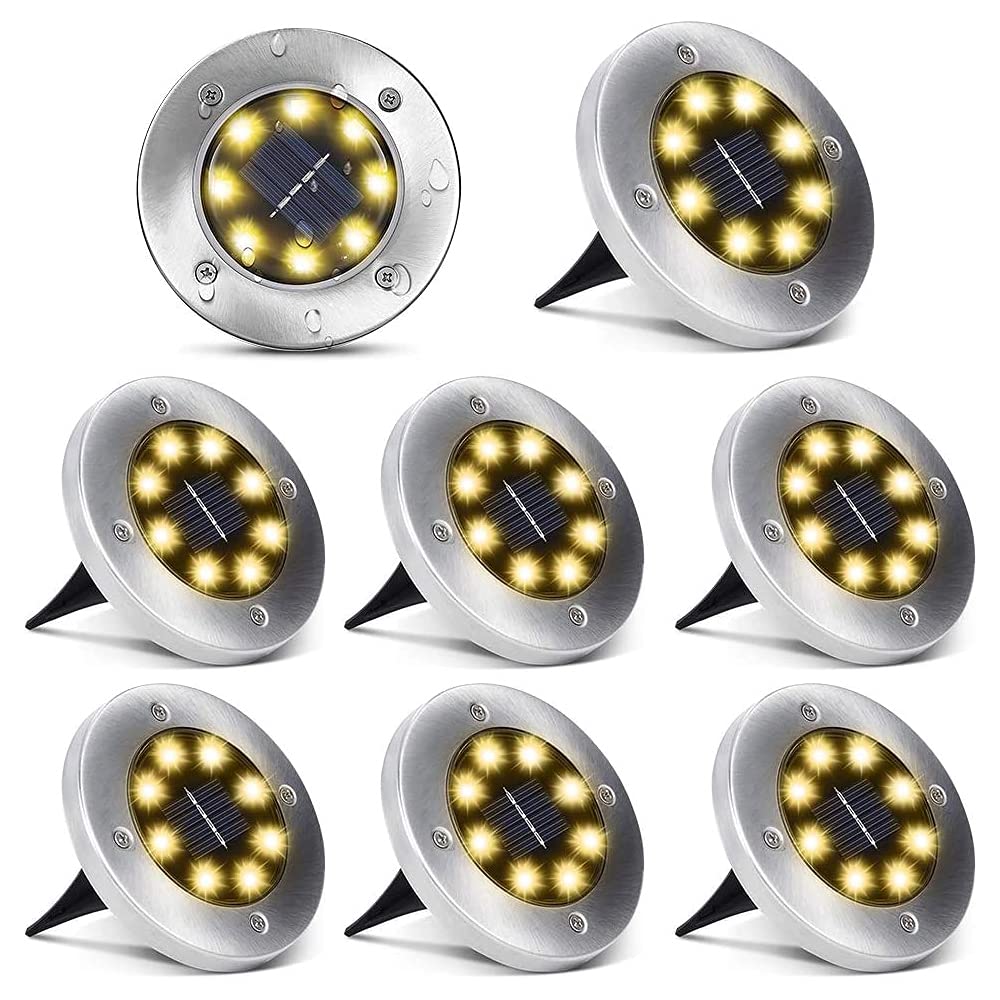 Aogist Solar Ground Lights, 8 LED Garden Disk Lights, Stainless Steel, Warm White, 8 Pack, Model 43397-23877