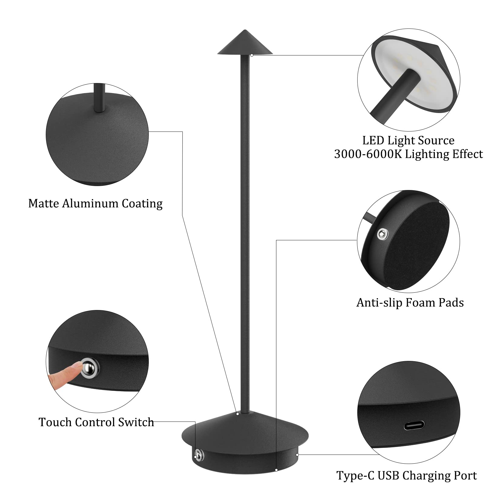 Aoceley 2-Pack 6000mAh Rechargeable LED Table Lamps, Waterproof, Dimmable, Modern Design, Black