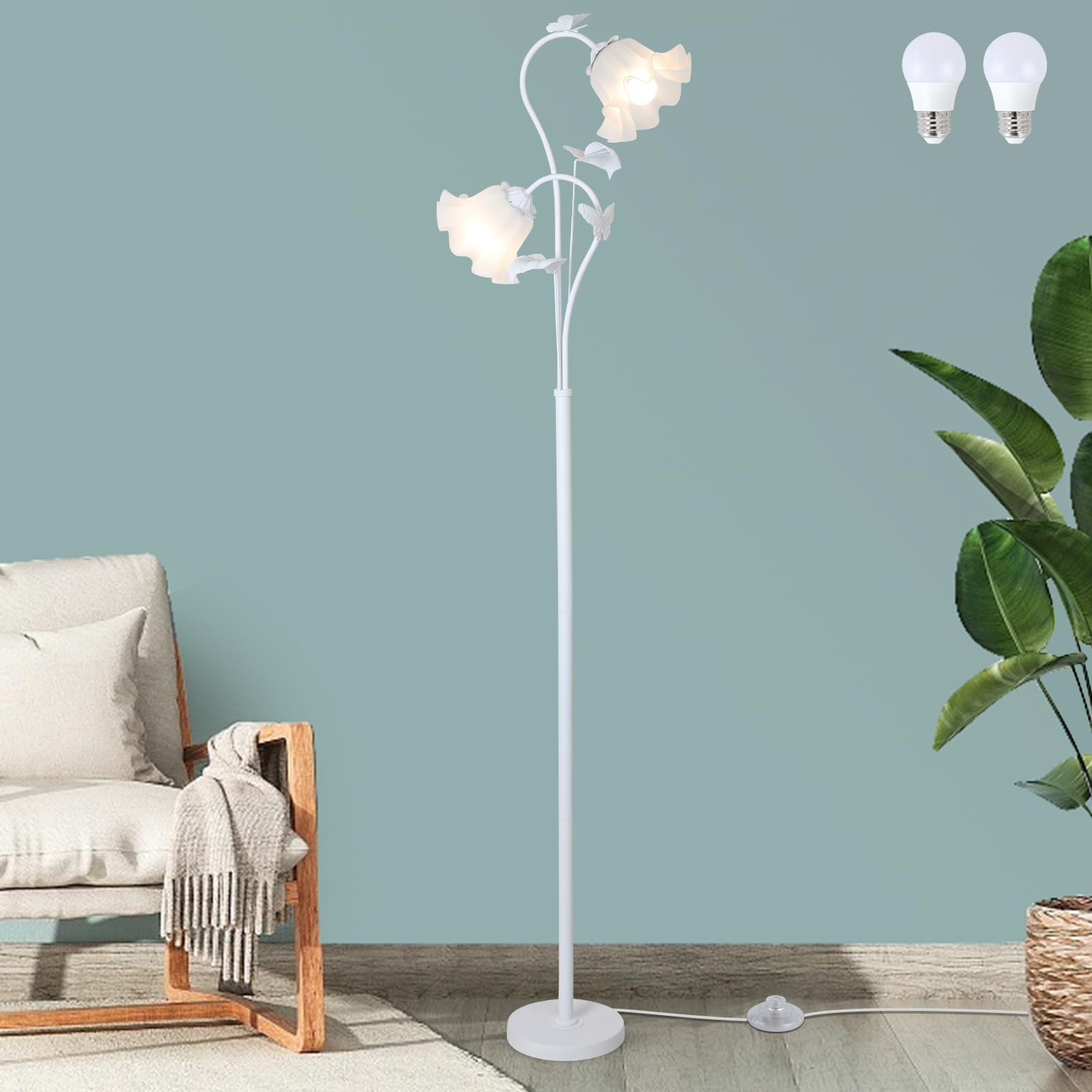 Hmvpl White Flower Standing Lamp, Floral Tall Lamp With 2 Led 5W Blubs, Foot Switch, Modern Corner Floor Lamp With Acrylic Shade
