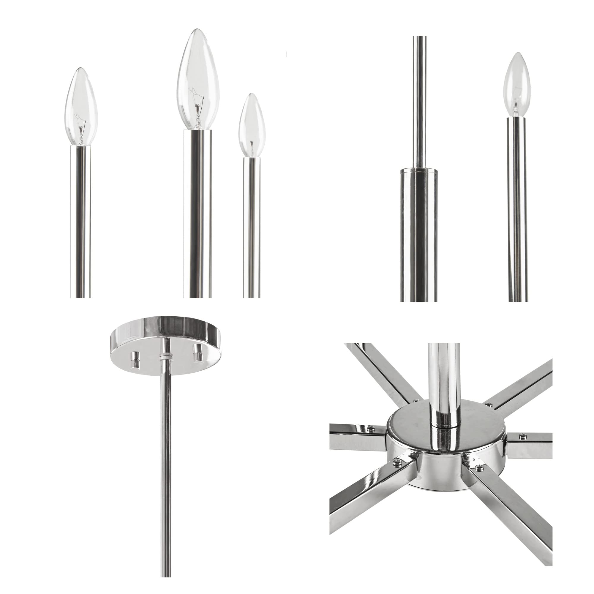INK+IVY Renzetti Chandelier, Adjustable Rod Ceiling Light, 6 Bulbs, Iron, Silver, 23inDia x 13.25inH-49inH, Model II150