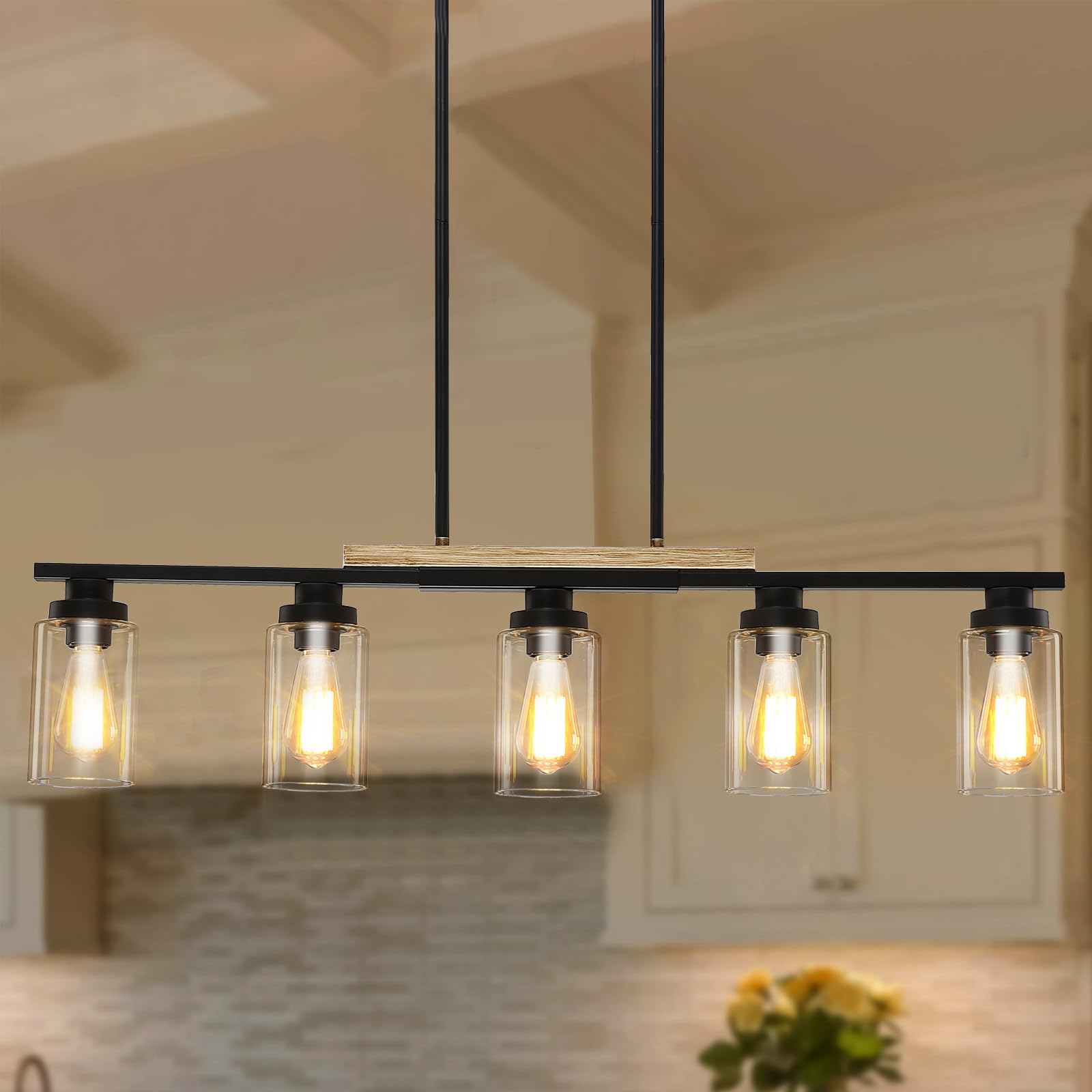 Yusist 5-Light Farmhouse Kitchen Island Chandelier, Black Wood Pendant Lighting for Dining Room, Model D6118-05-BK