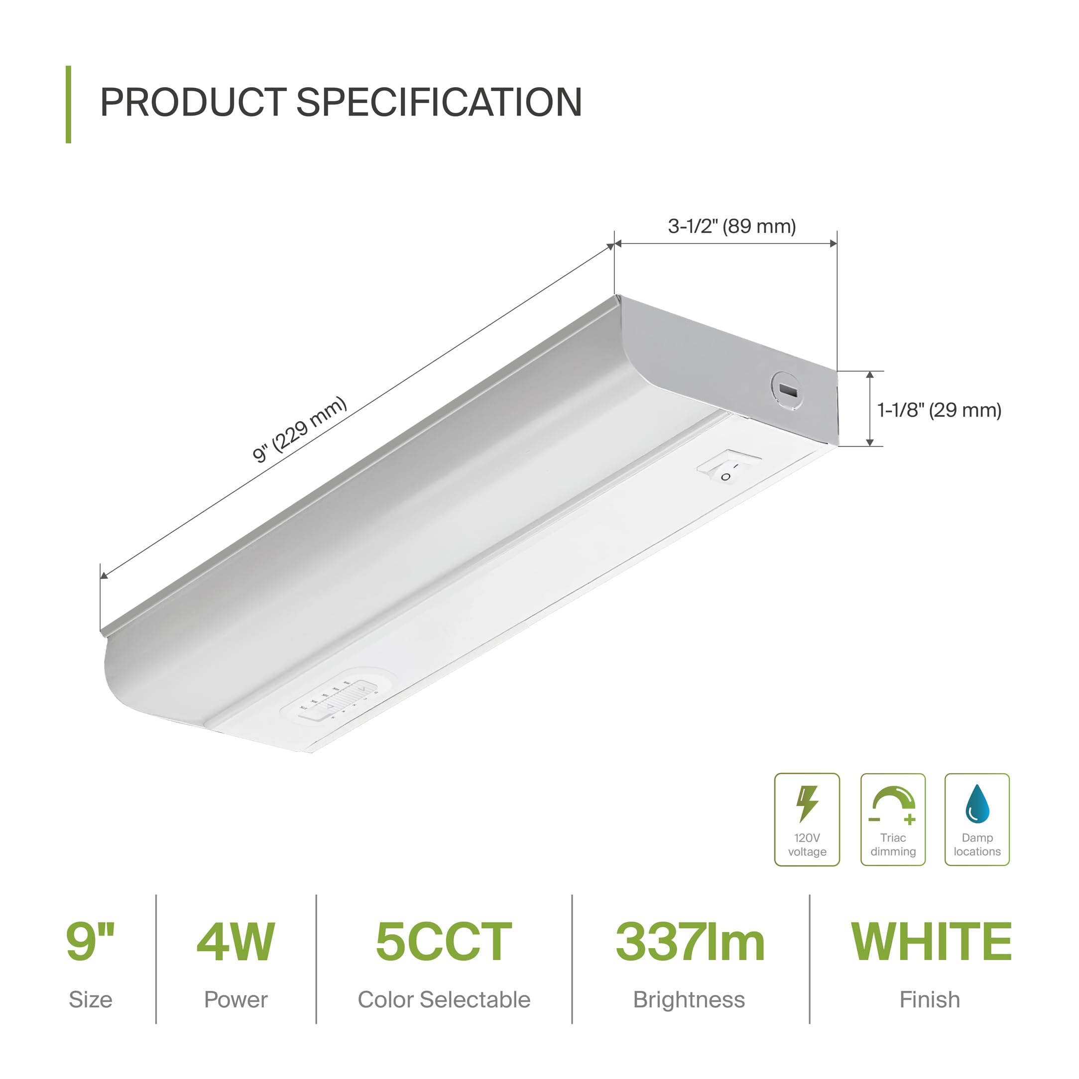 Asd 9 Inch Led Under Cabinet Lighting Hardwired, On/Off & Color Temp Switch, 4W 337Lm, 5 Cct 2700K-5000K Cri90+, Dimmable Under