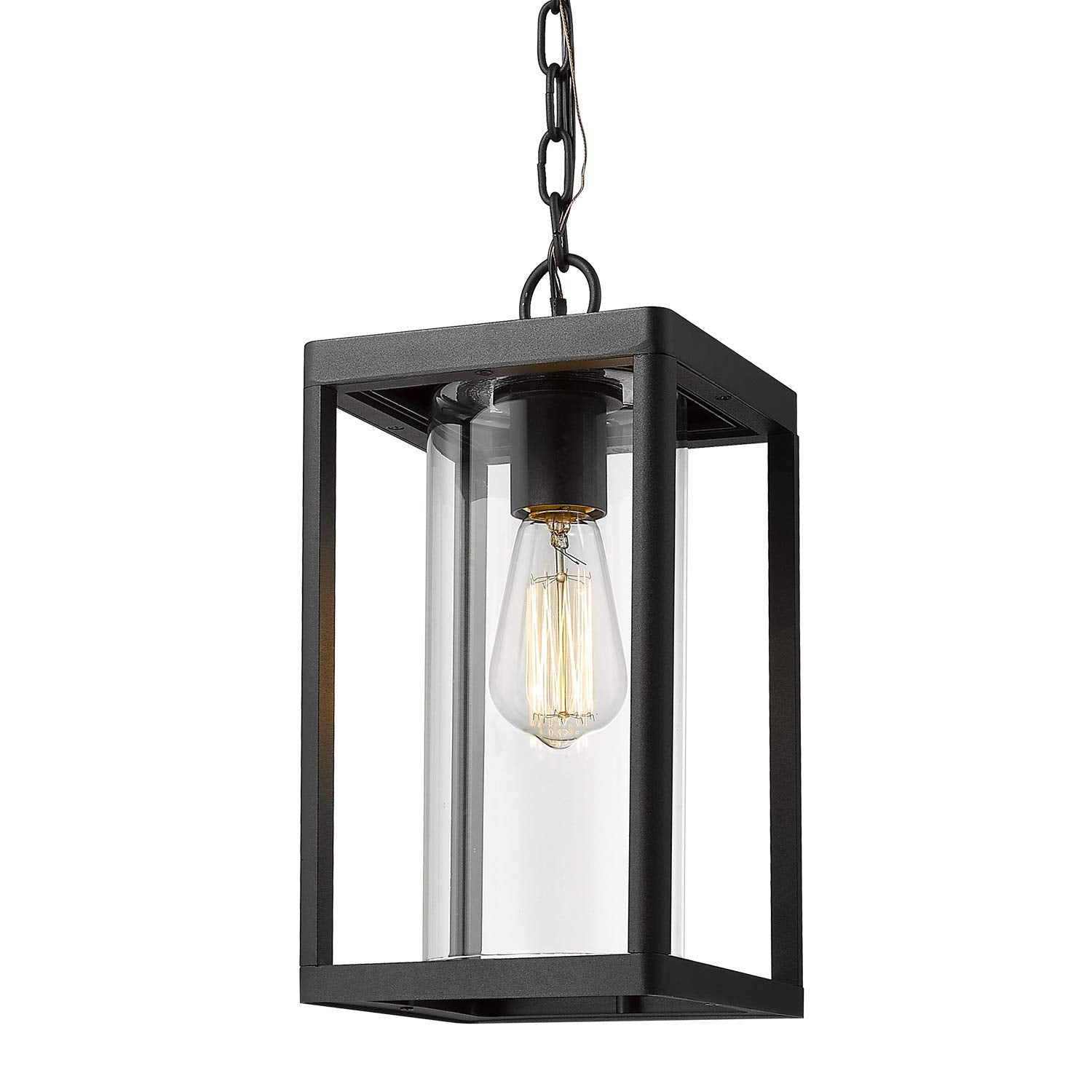 Beionxii Outdoor Pendant Light, Modern Black Aluminum Lantern, Clear Glass, Large, Model BXA291H-1PK