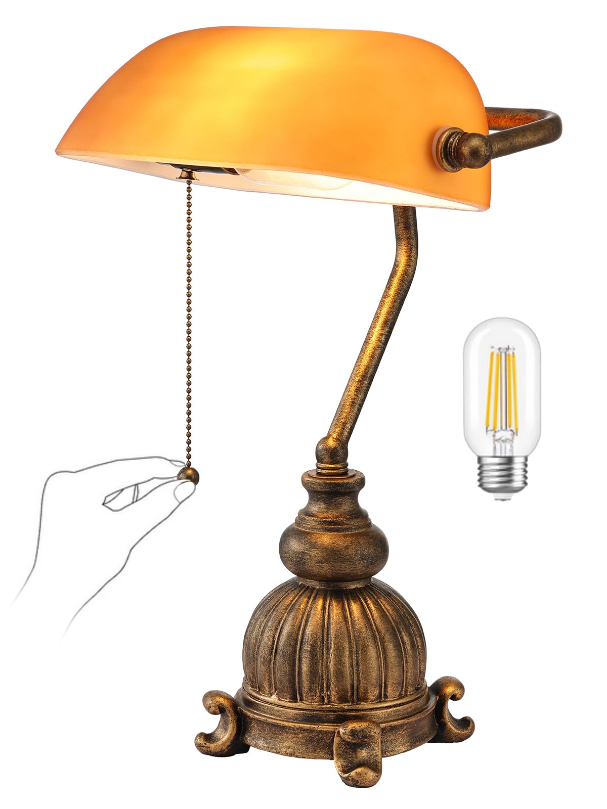 Newrays Retro Amber Glass Bankers Desk Lamp with Pull Chain Switch for Home Office, Library, Plug in Fixture, LED Bulb Included