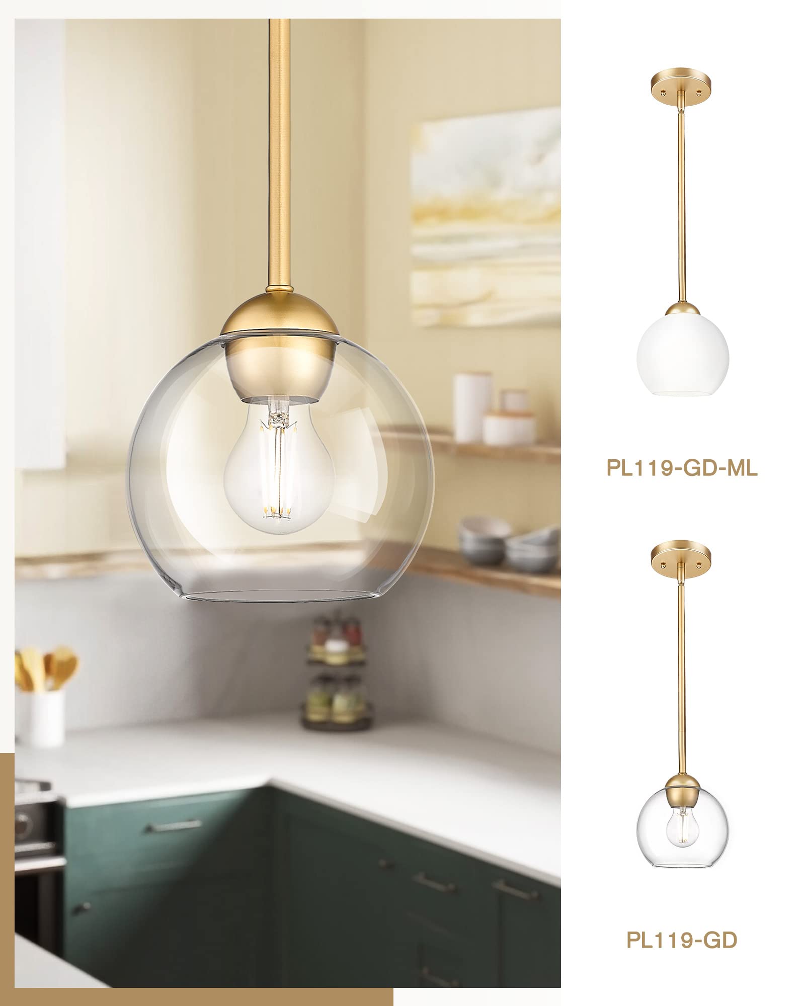 Emak Modern 7 Inch Globe Pendant Lights, Industrial Gold Pendant Light Fixtures, 1-Light Hanging Lights With Clear Glass Shade For Kitchen Island, Bedroom, Bathroom, Dining Room, Hallway, Pl119-Gd