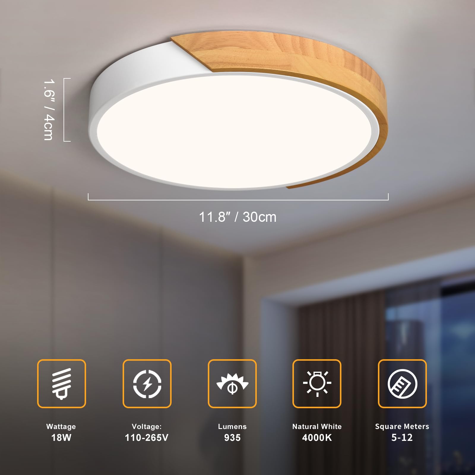 Vikaey Modern Led Ceiling Light, Minimalist Wood Flush Mount Ceiling Light Fixture, 4000K Not Dimmable, Circle Lighting Lamp With Acrylic Lampshade For Bedroom Laundry Room Hallway (White, 11.8'')