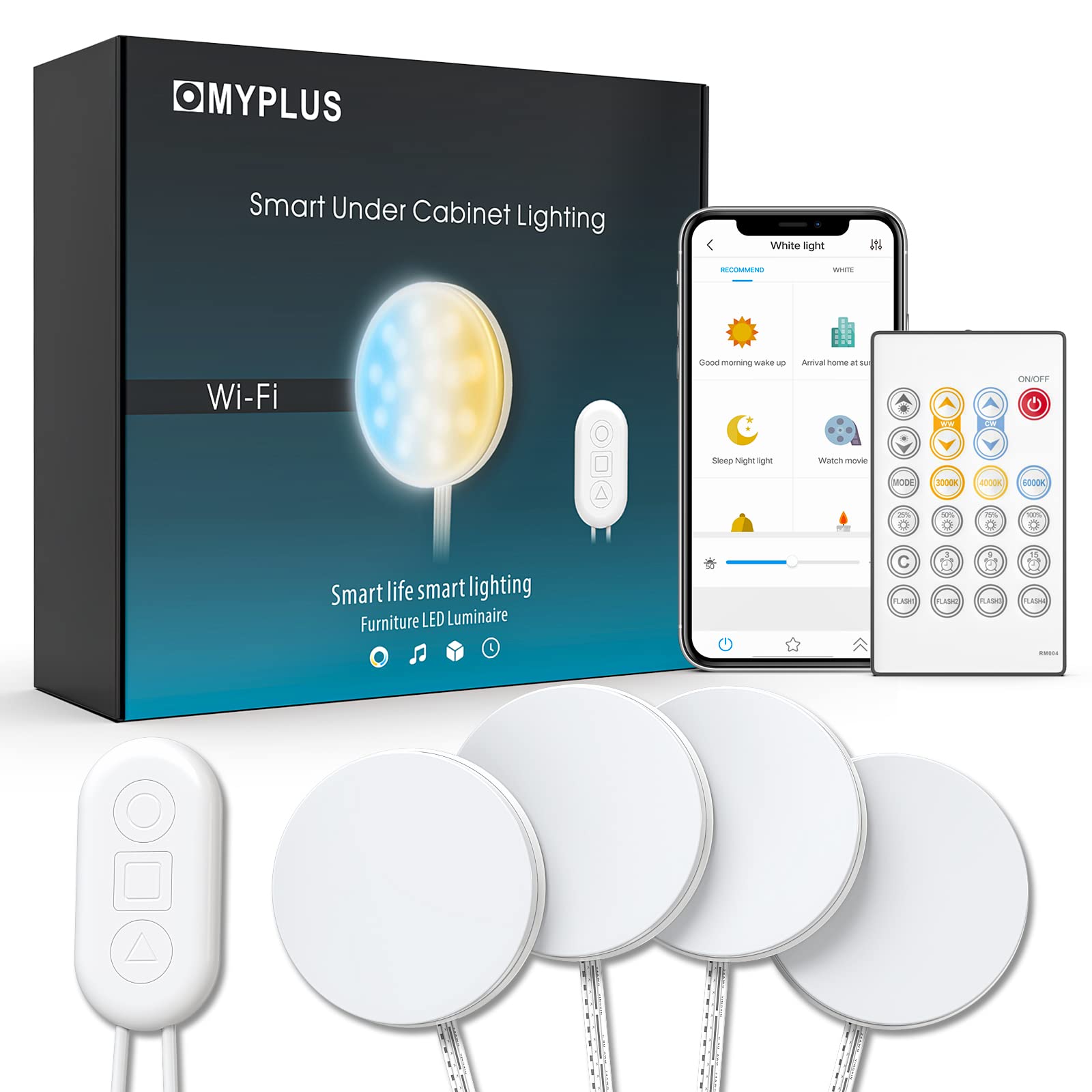 MYPLUS Smart Under Cabinet Lights, Dimmable Puck Lights Compatible with Alexa and Google Home,WIFI Controlled Adjustable Color T