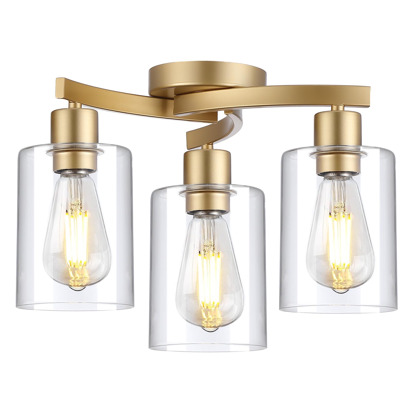 3WWWUEE 3-Light Semi Flush Mount Ceiling Light, Modern Close to Ceiling Light Fixtures with Clear Glass Shades, Gold Light Fixtu