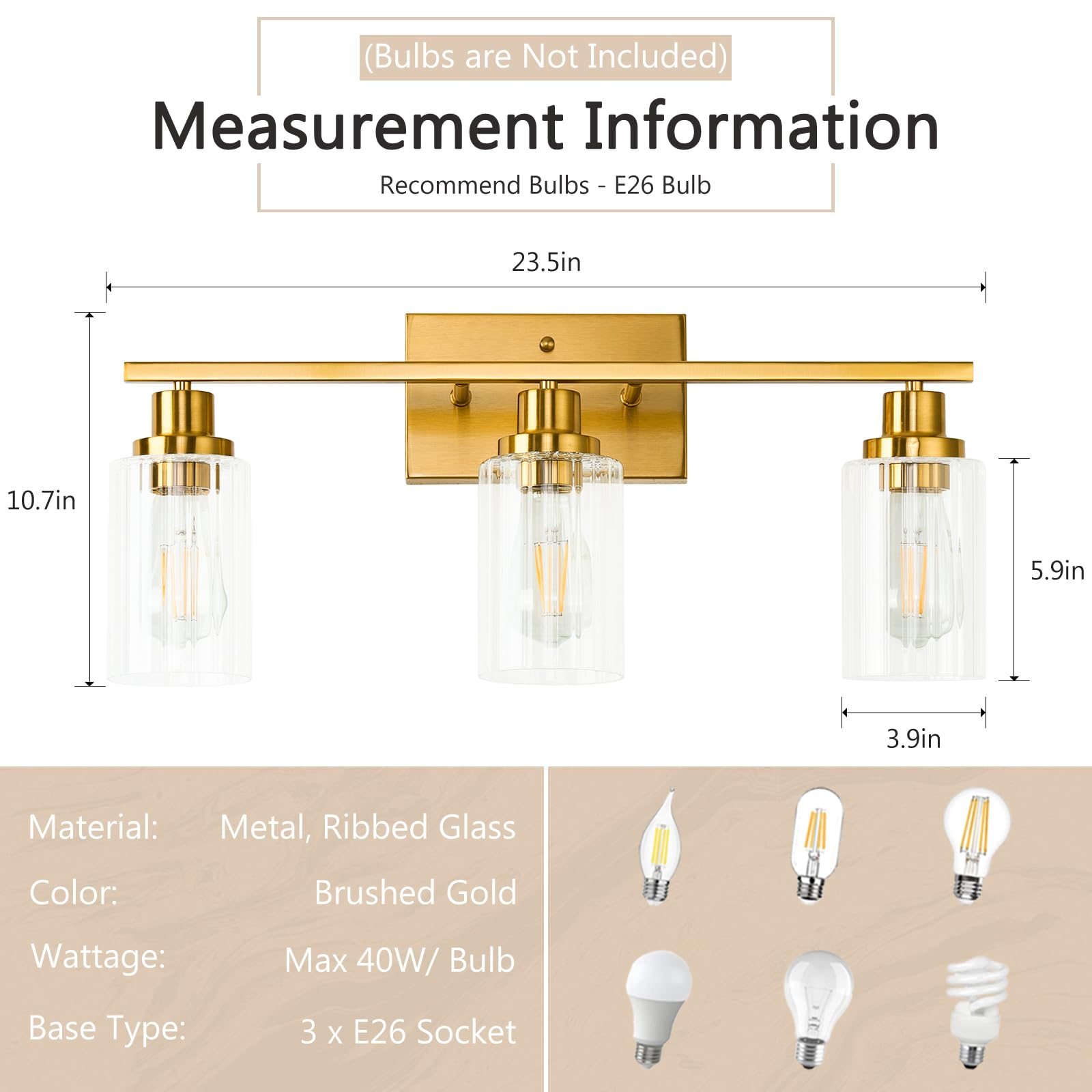 Jonsi 3-Light Gold Bathroom Vanity Light Fixtures, Brushed Gold with Fluted Glass Shade, Model X003W-3AGB, 23.5 Inch