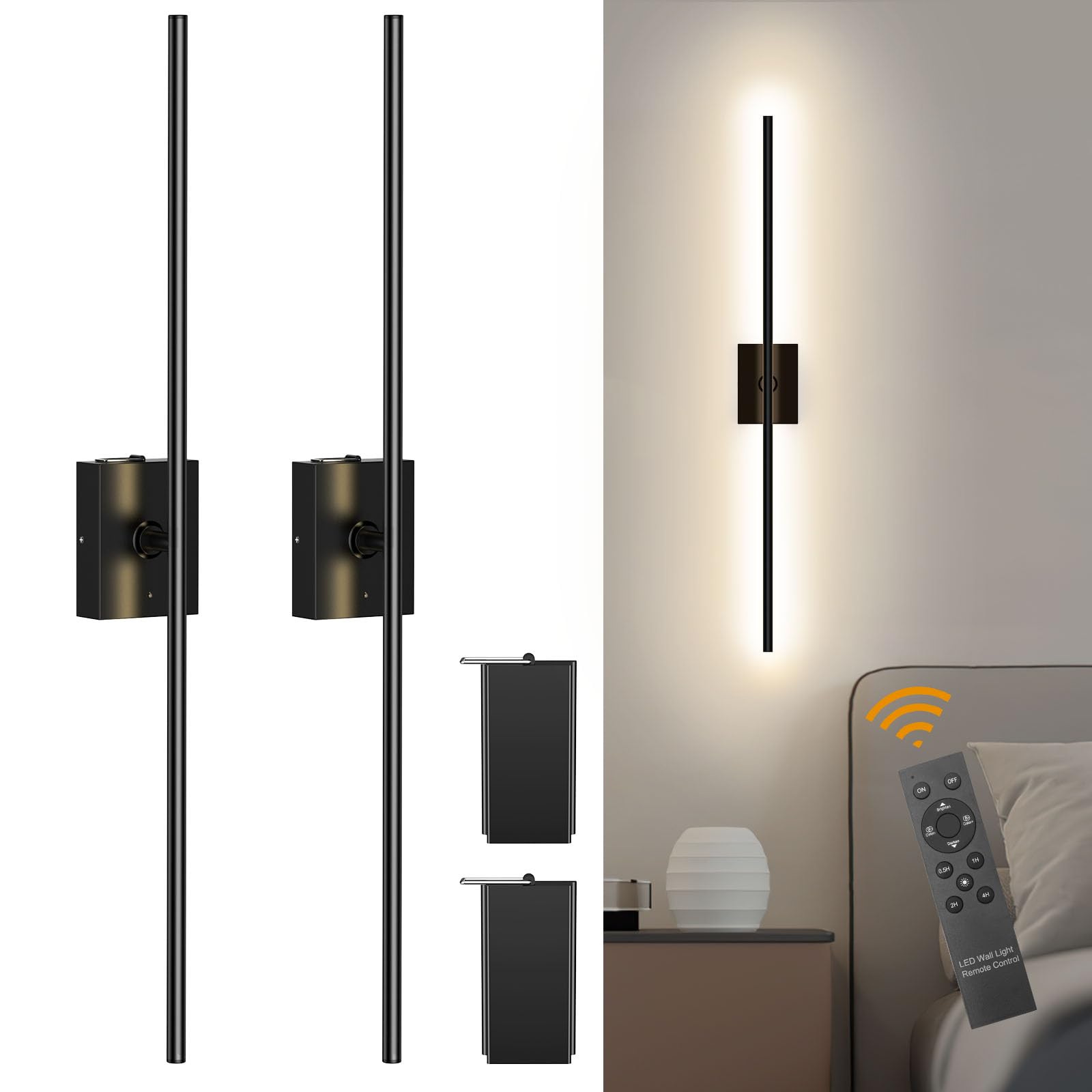 Temracha Battery Operated Wall Sconce With Remote Control, Wall Sconces Set Of Two, Dimmable Led Lights For Bedroom, 3000K-6500K