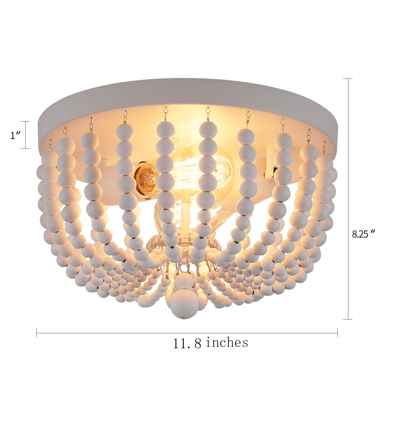 Q&S White Flush Mount Ceiling Light Fixtures,2-Lights Wood Beaded Boho Chandeliers For Nursery Baby Bedroom Dining Room Living R