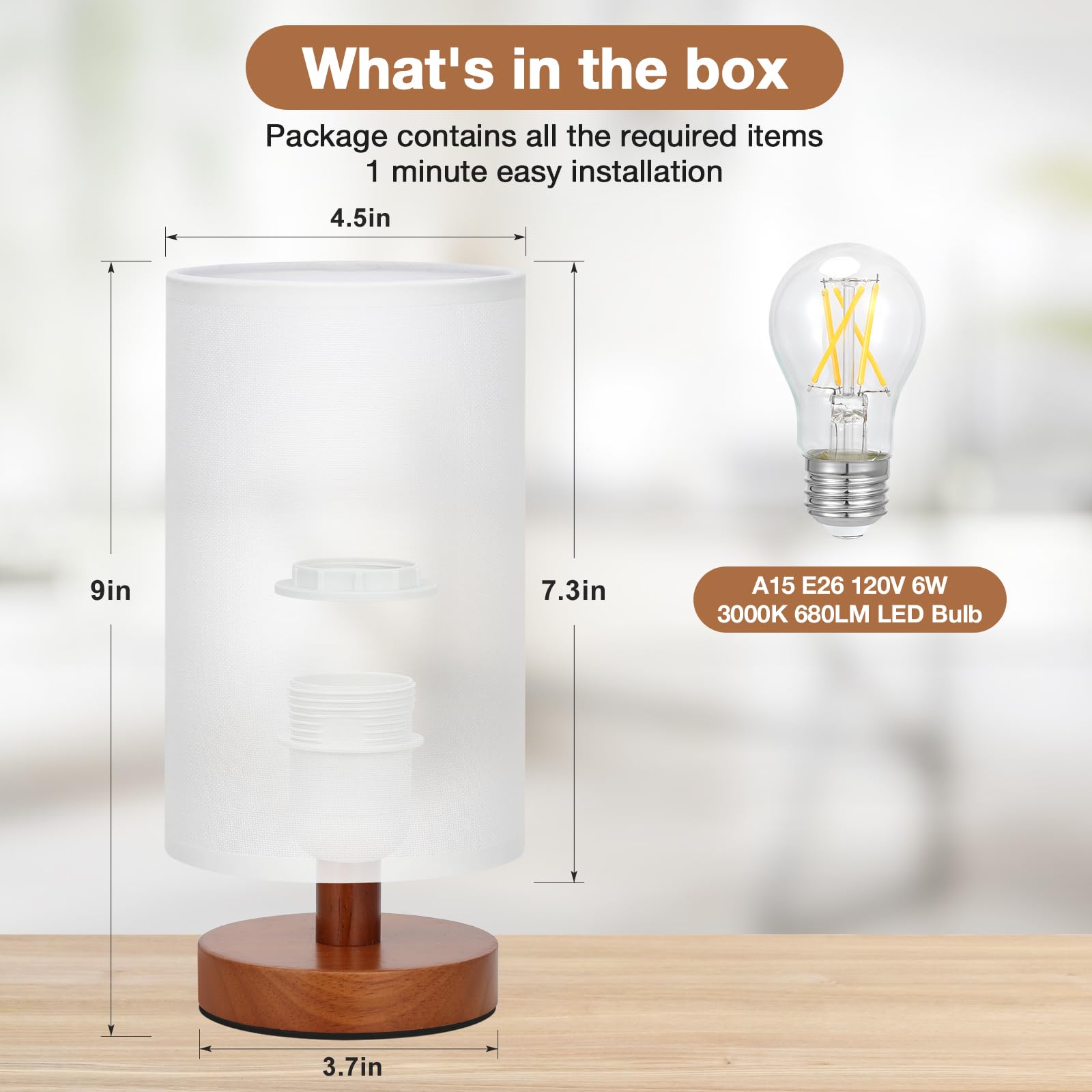 Fenmzee Small Table Lamp For Bedroom - Inline Control, Bedside Lamp With 3000K A15 Led Blub, Easy Assembly (White Shade - Walnut