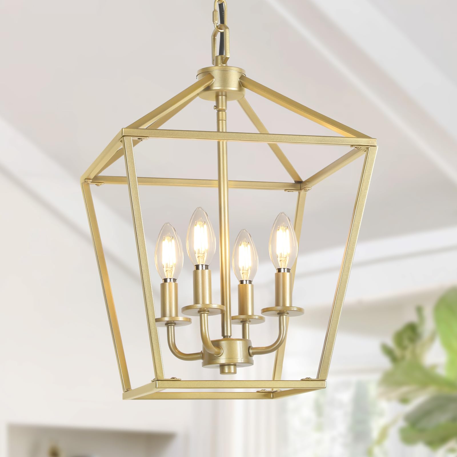 4 Light Chandelier, Industrial Ceiling Light Gold Lantern Light Fixtures with Farmhouse Metal Cage Adjustable Height Rustic Geom