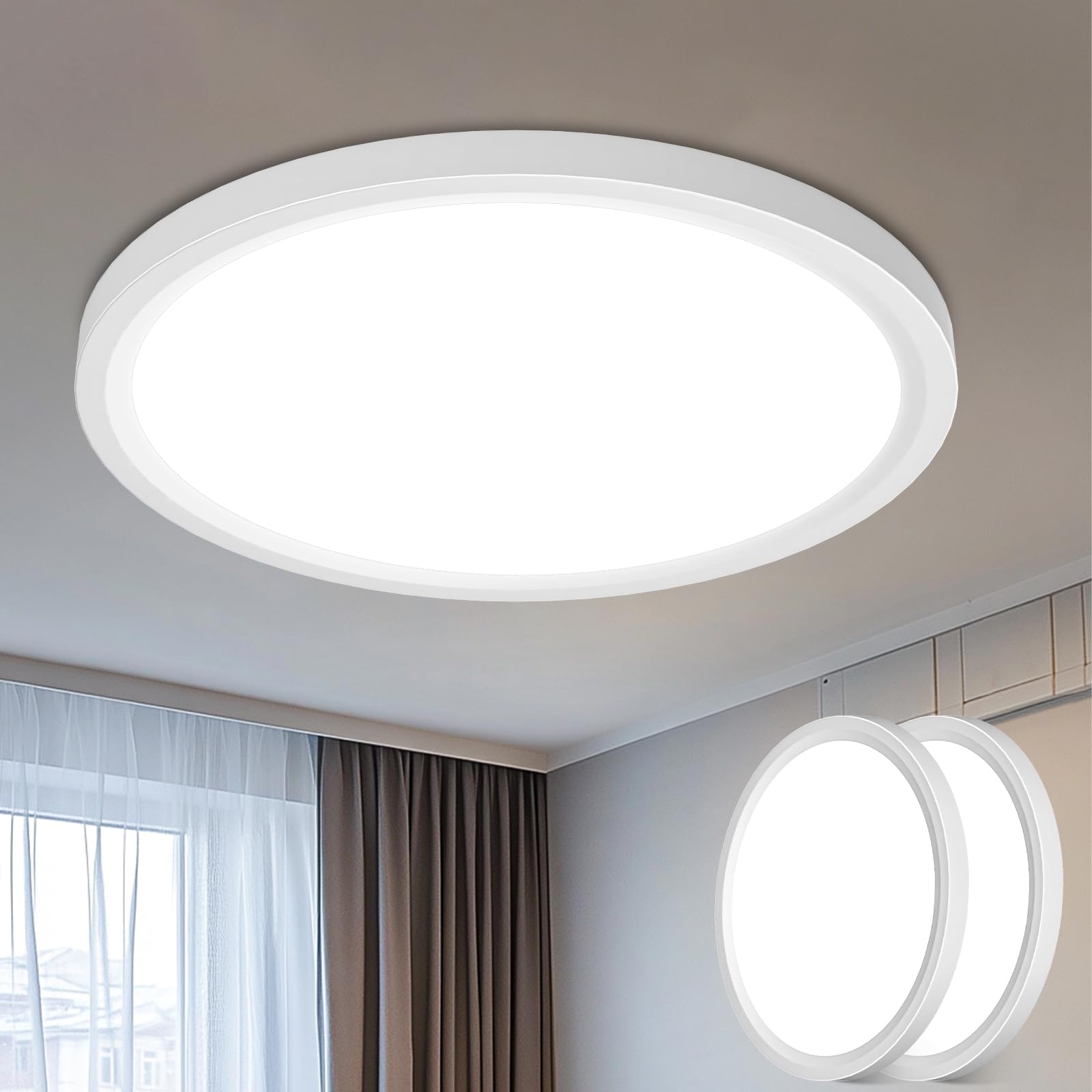 libtit 16-Inch Flush Mount LED Ceiling Light, 36W 3600lm, 3000K/4000K/6500K Adjustable, White, 2 Pack, Model