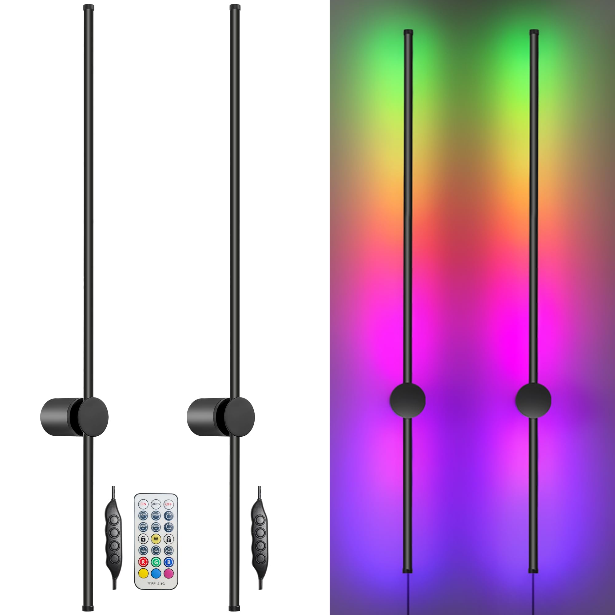 GOODATE RGB LED Wall Sconces Set of Two, 15 Color Modes, 39.4 Inches, Aluminum Alloy, Black Plug-in, Model GZ-3CCT-2PACK