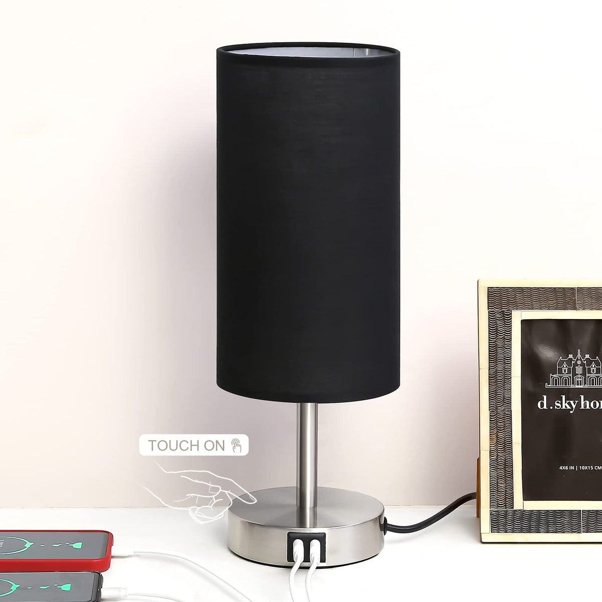 Bedside Lamp With Usb Port - Touch Control Table Lamp For Bedroom Wood 3 Way Dimmable Nightstand Lamp With Round Black Shade For