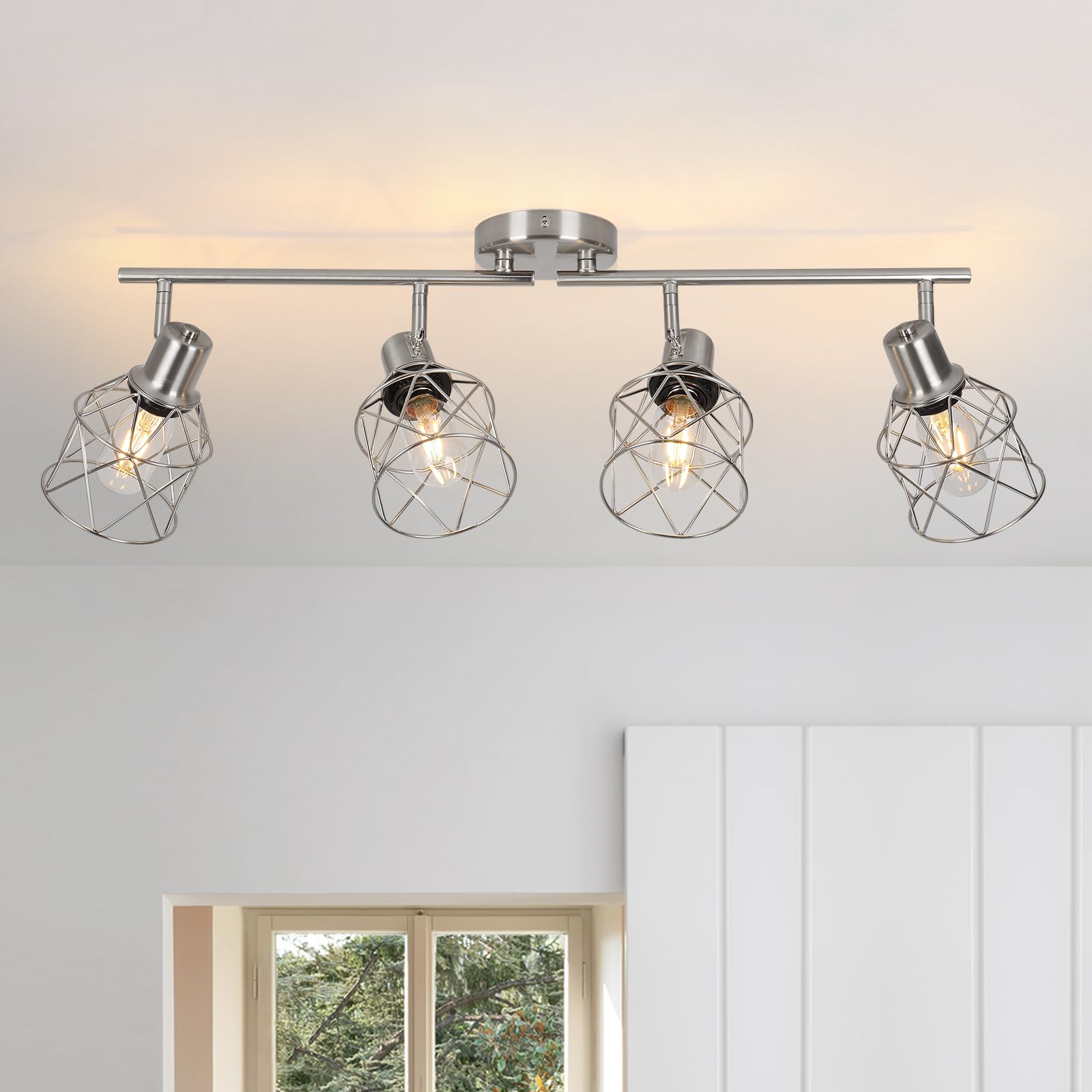 Wilon 4 Light Track Lighting Kit 4 Way Ceiling Spotlight, Modern Flush Mount Ceiling Light Brushed Nickel Kitchen Ceiling Light Fixtures Kitchen Track Lighting Flexibly Rotatable Light Head E26 Base