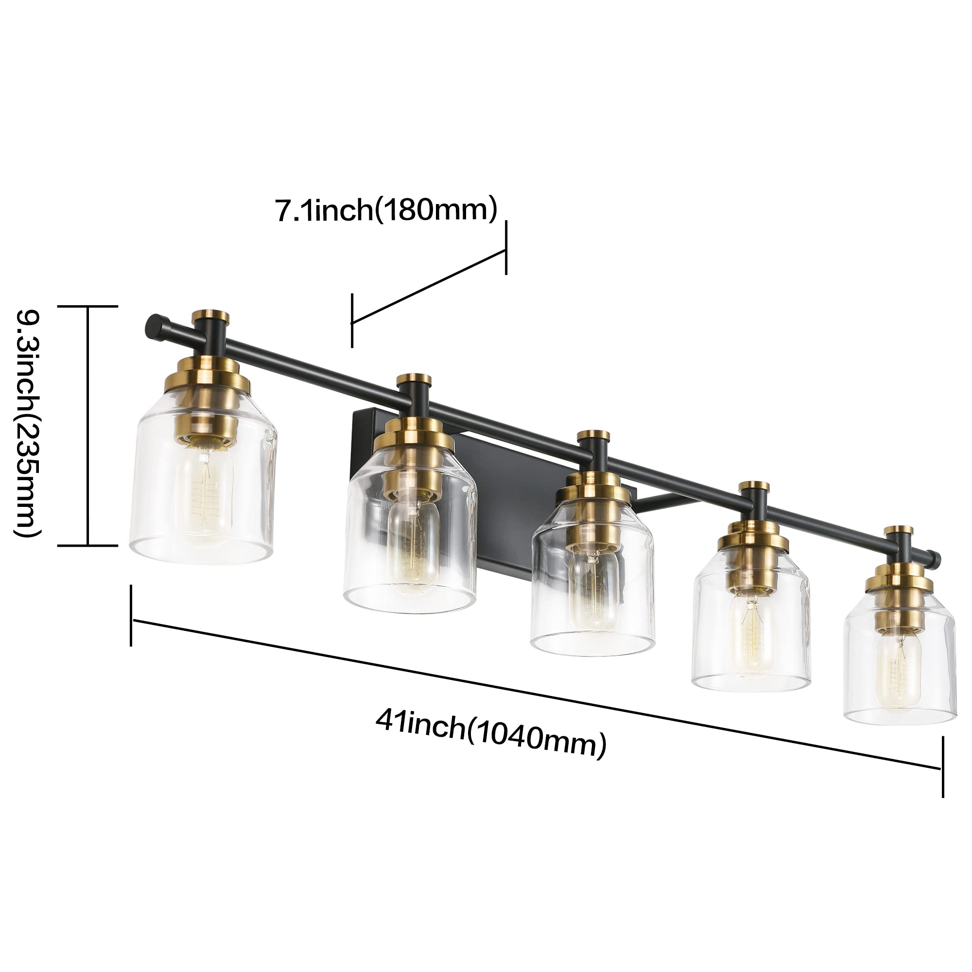 SOLFART 5-Light Bathroom Light Fixtures, Black Brass Finish, Vintage Globe Design, Model 7900-5T