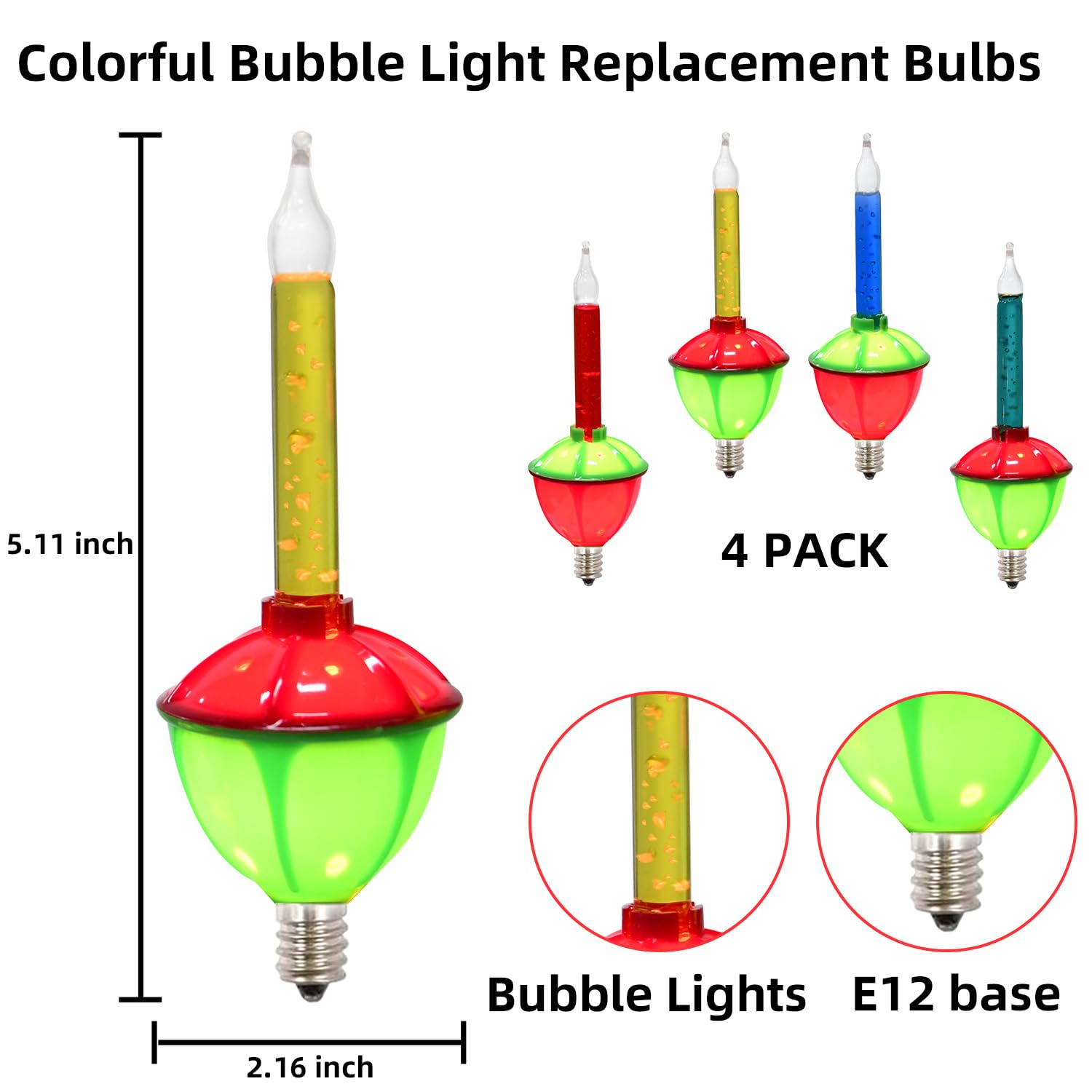 SOTOPOO Vintage Multicolor Bubble Light Replacement Bulbs, E12 Base, 5W, 4 Pack for Christmas Tree Decor, Model C7BB-4PK