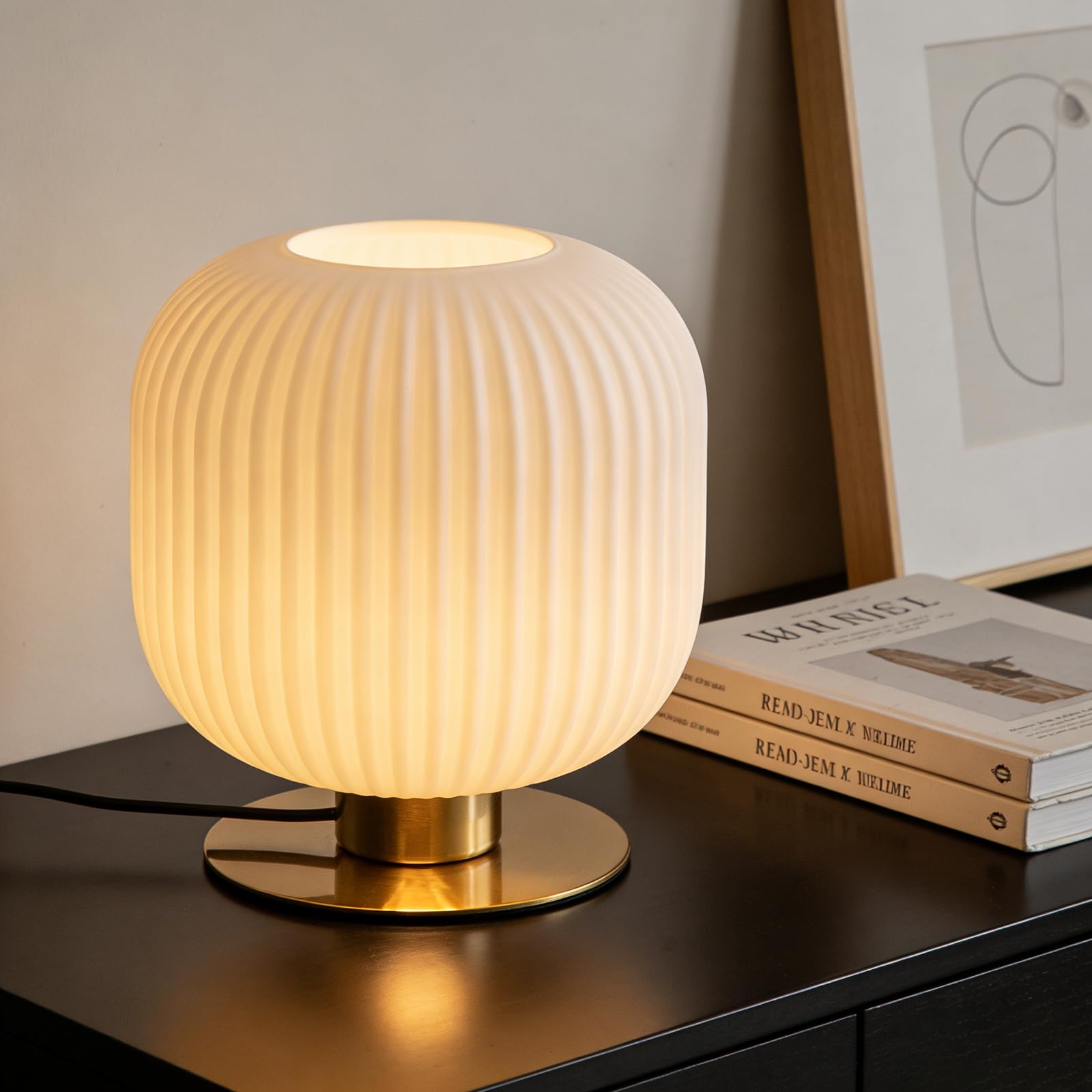 Soutas Milk Glass Table Lamp White Globe Table Lamp Mid Century Modern Lamp Gold Desk Lamp Vintage Bedside Lamp Small Nightstand