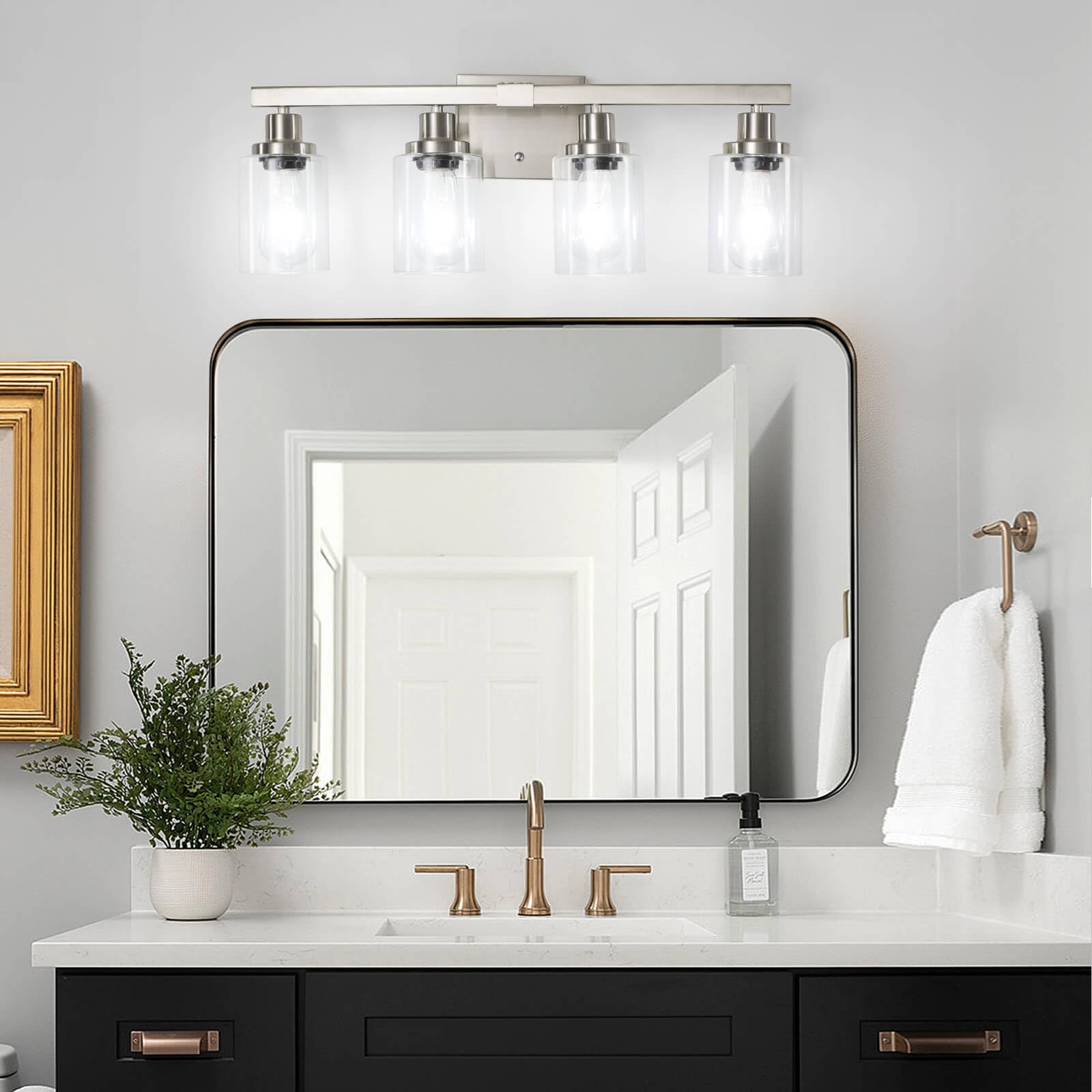 DIKAIDA Bathroom Vanity Light, 4-Light Nickel Metal Wall Sconce with Clear Glass Shade, Model NS-4