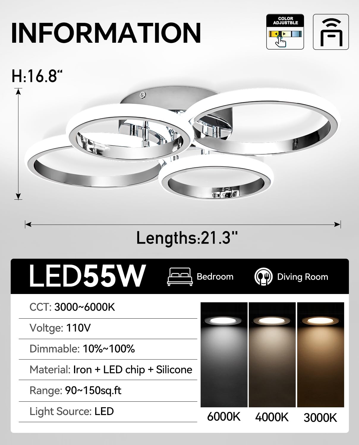 21.3In Chrome Modern Led Ceiling Light Fixture With Remote Control, 3000K-6500K 3-Color Dimming Circle Modern Ceiling Lamp Bedro