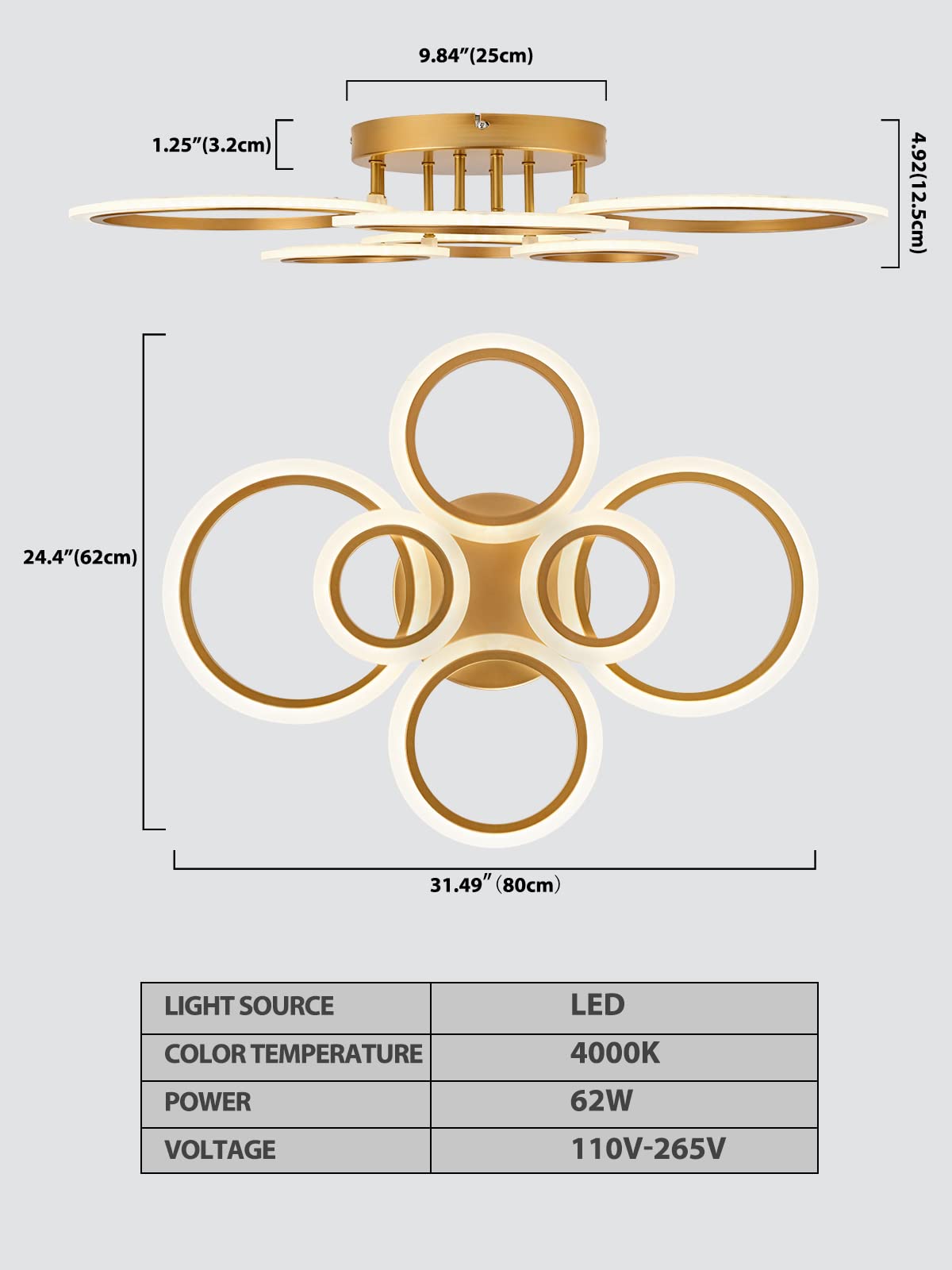 Vikaey Modern Led Flush Mount Ceiling Light, 6 Rings Gold Close To Ceiling Light, Lighting Fixture Ceiling Lamp For Kitchen, Living Room, Bedroom, Laundry Room, 4000K Not Dimmable