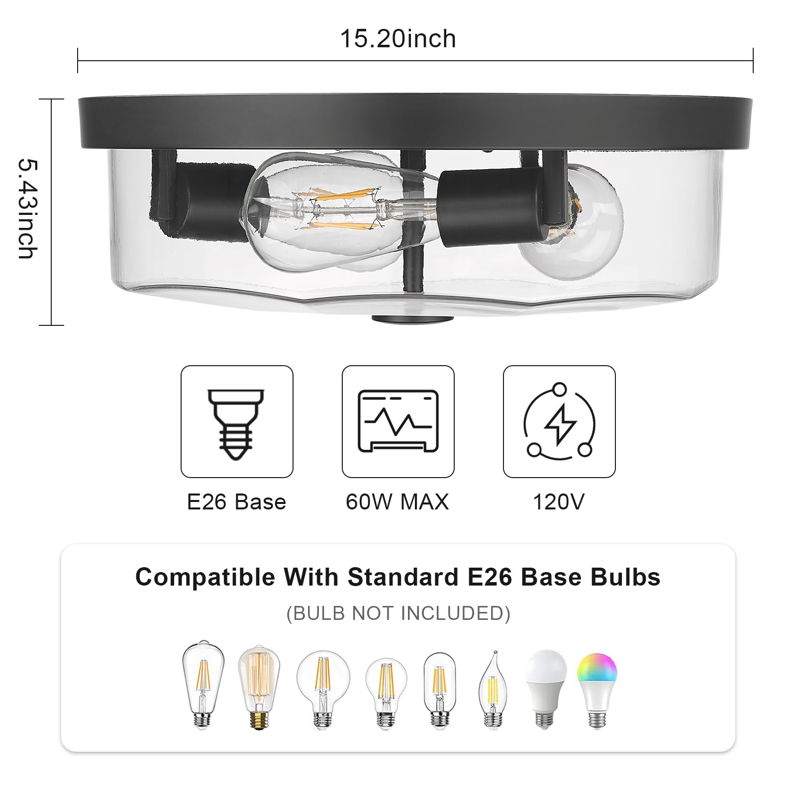 Luminzone 3-Light Flush Mount Ceiling Light, Black Glass Shade For Indoor/Outdoor Use